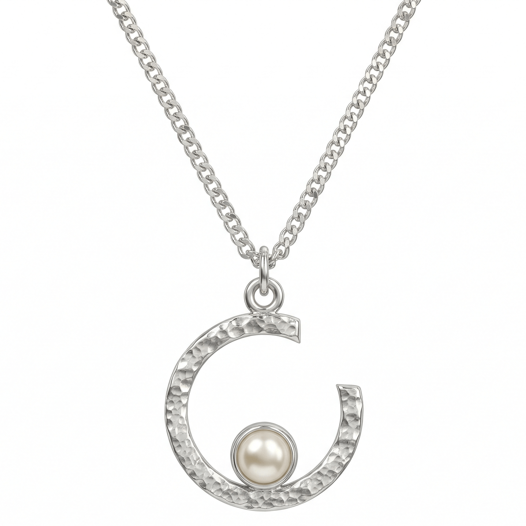 Silver semi-circle and pearl necklace