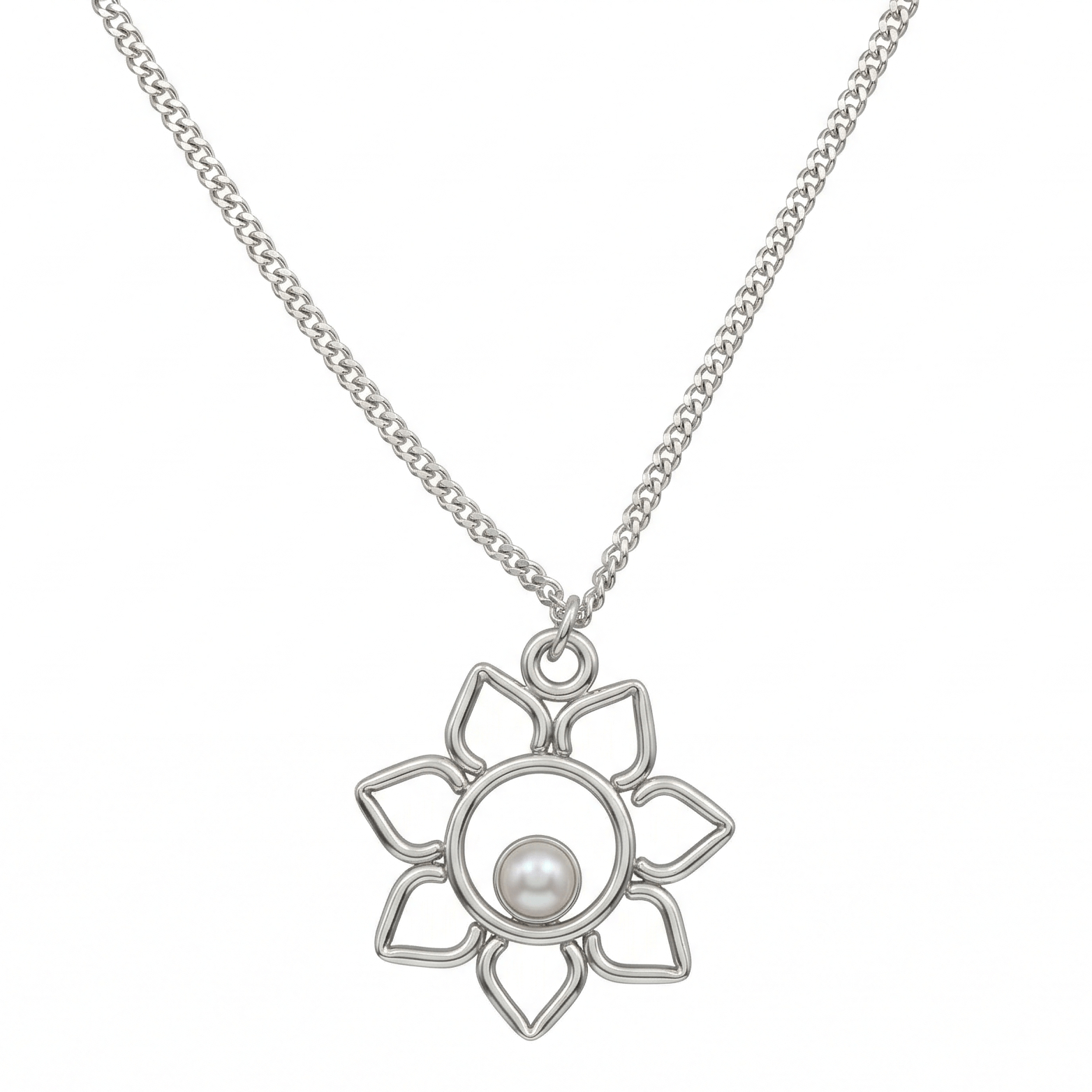 Silver flower pearl necklace with chain and pendant