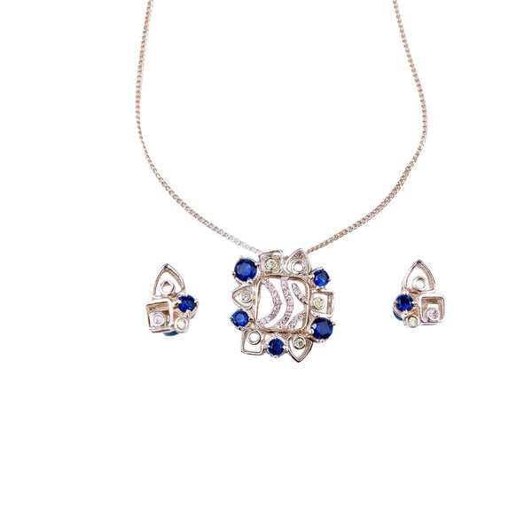 Silver Vivid Bloom jewelry set with chain, crescent motif, blue CZ accents, sterling silver