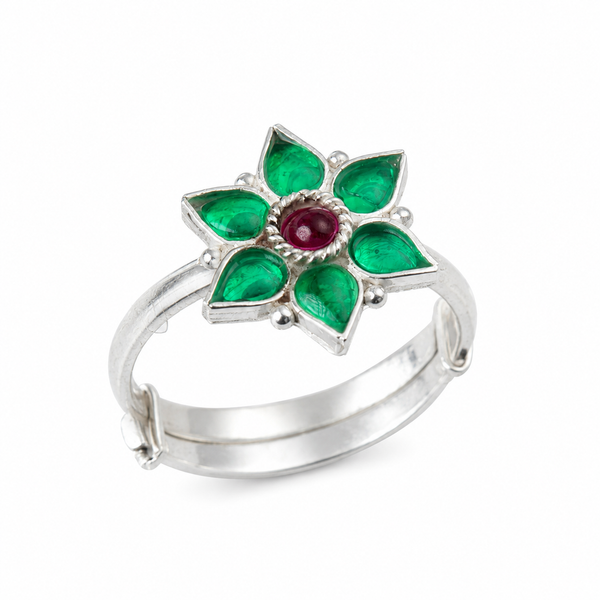 Green Nakshatra Flower Ring | CZ | 92.5 Silver