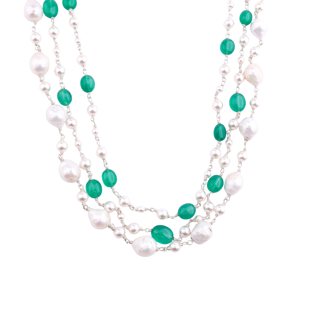 Luxe Necklace - Freshwater Pearls and Green Onyx