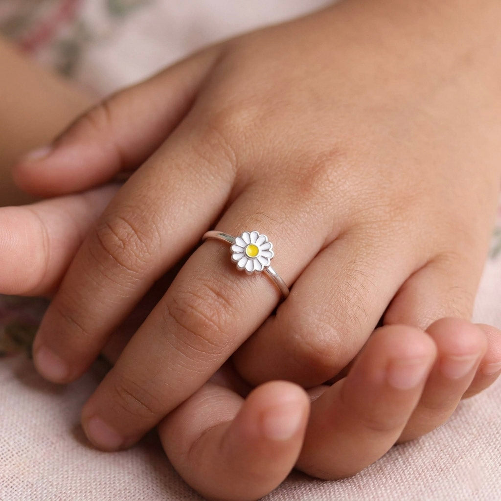 Sterling Silver Daisy Flower Enamel Ring on finger