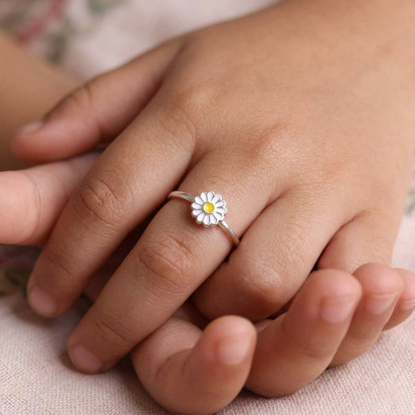 Sterling Silver Daisy Flower Enamel Ring on finger