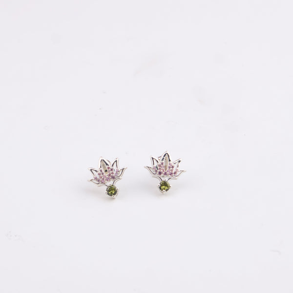 Close-up of Silver CZ Lotus Earring with pink and green gemstones