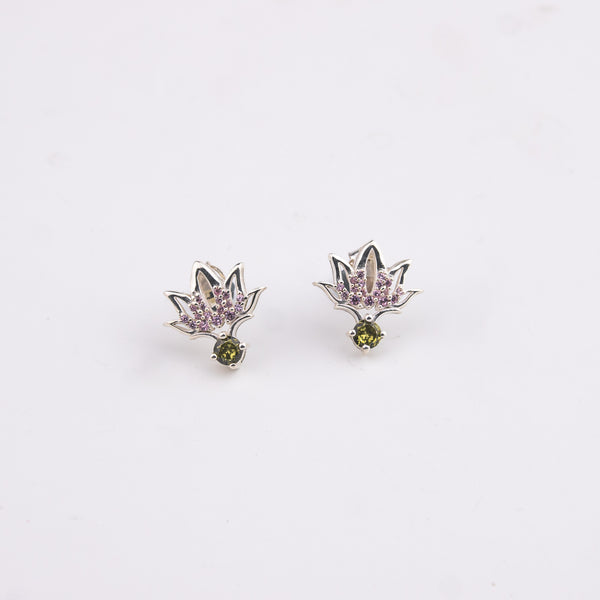 Silver CZ Lotus Earring with purple and green stones