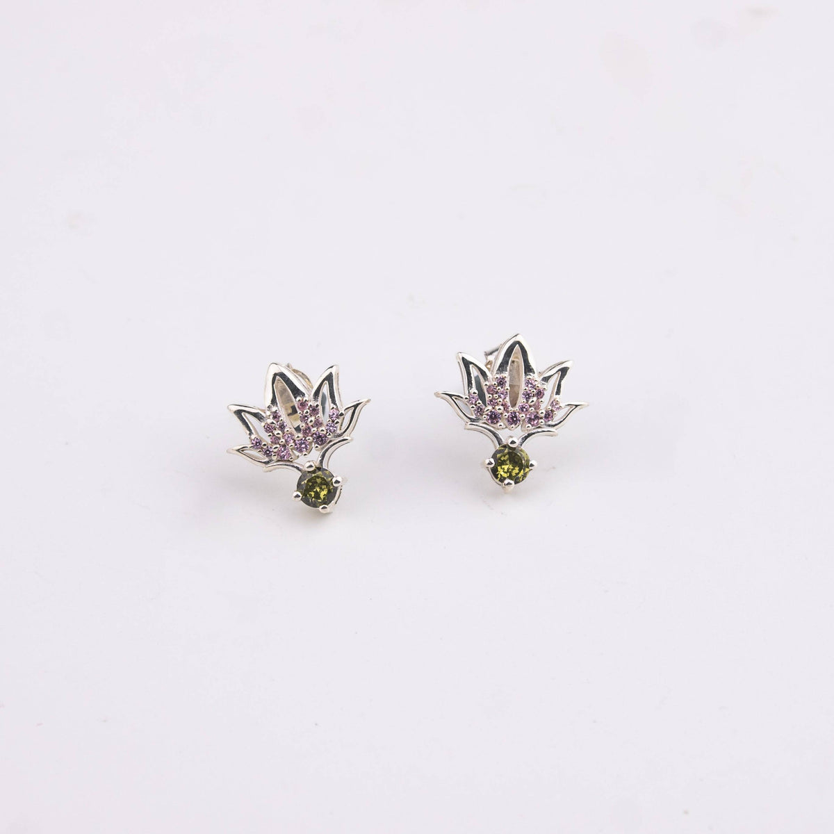 Silver CZ Lotus Earring with purple and green stones