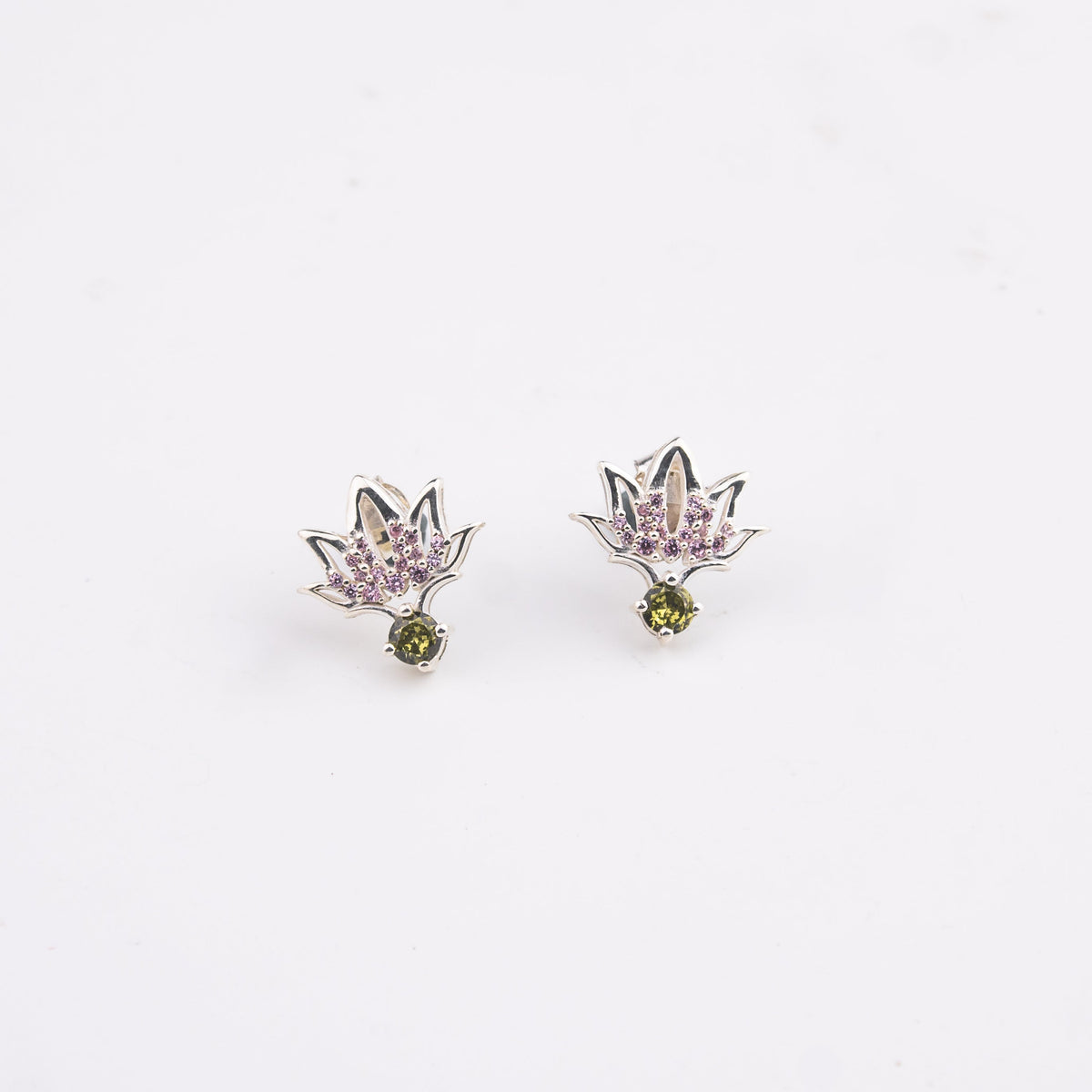 Silver CZ Lotus Earring with purple and green stones
