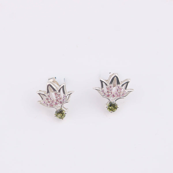 Silver CZ Lotus Earring with pink stones and green gemstone