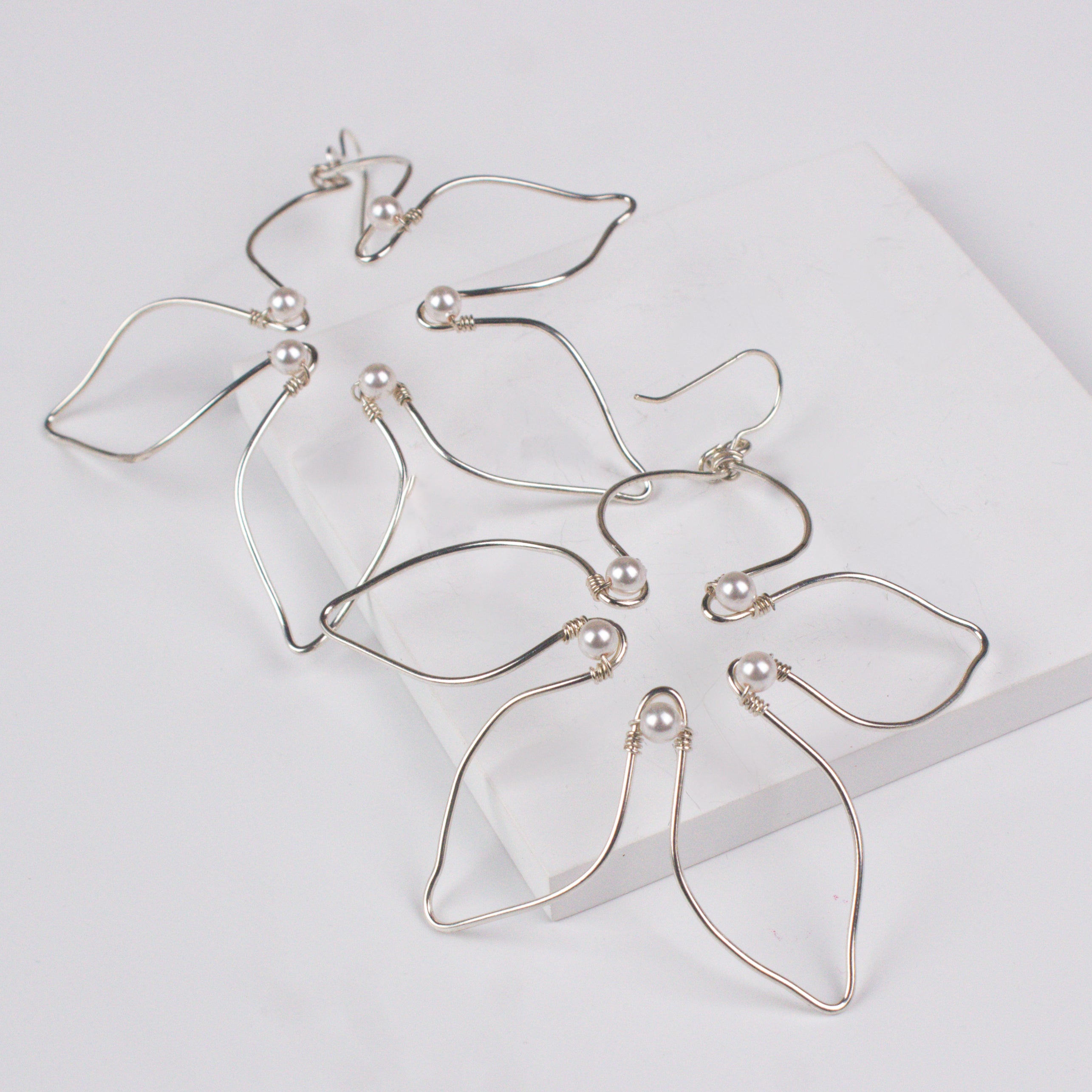 Handbent Pearl Silver Flower Earrings