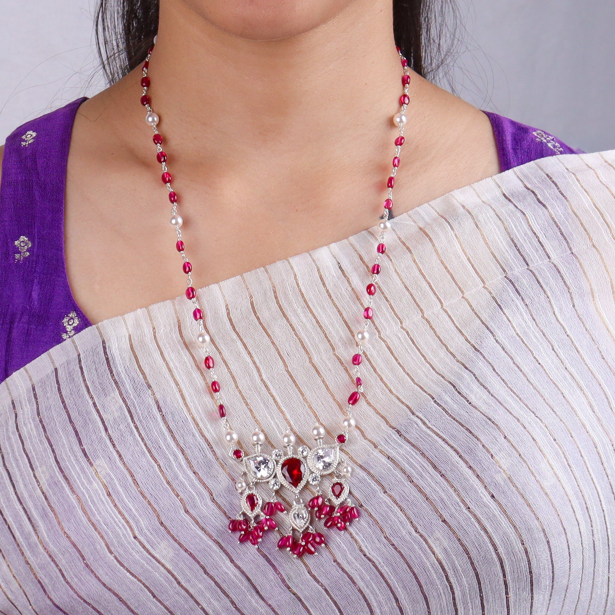 Silver CZ Tanmani Set with Rubies and Pearls
