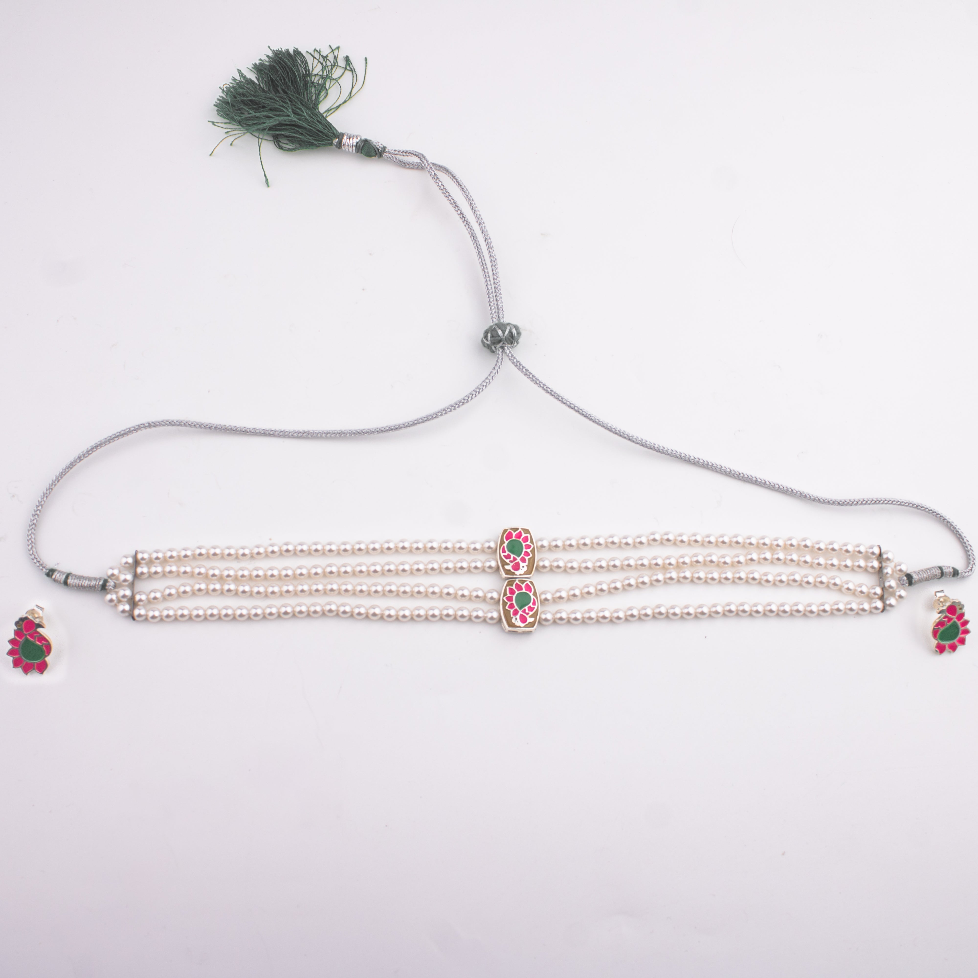 Pearl Meena Pendant Choker Set with Pink and Green Details