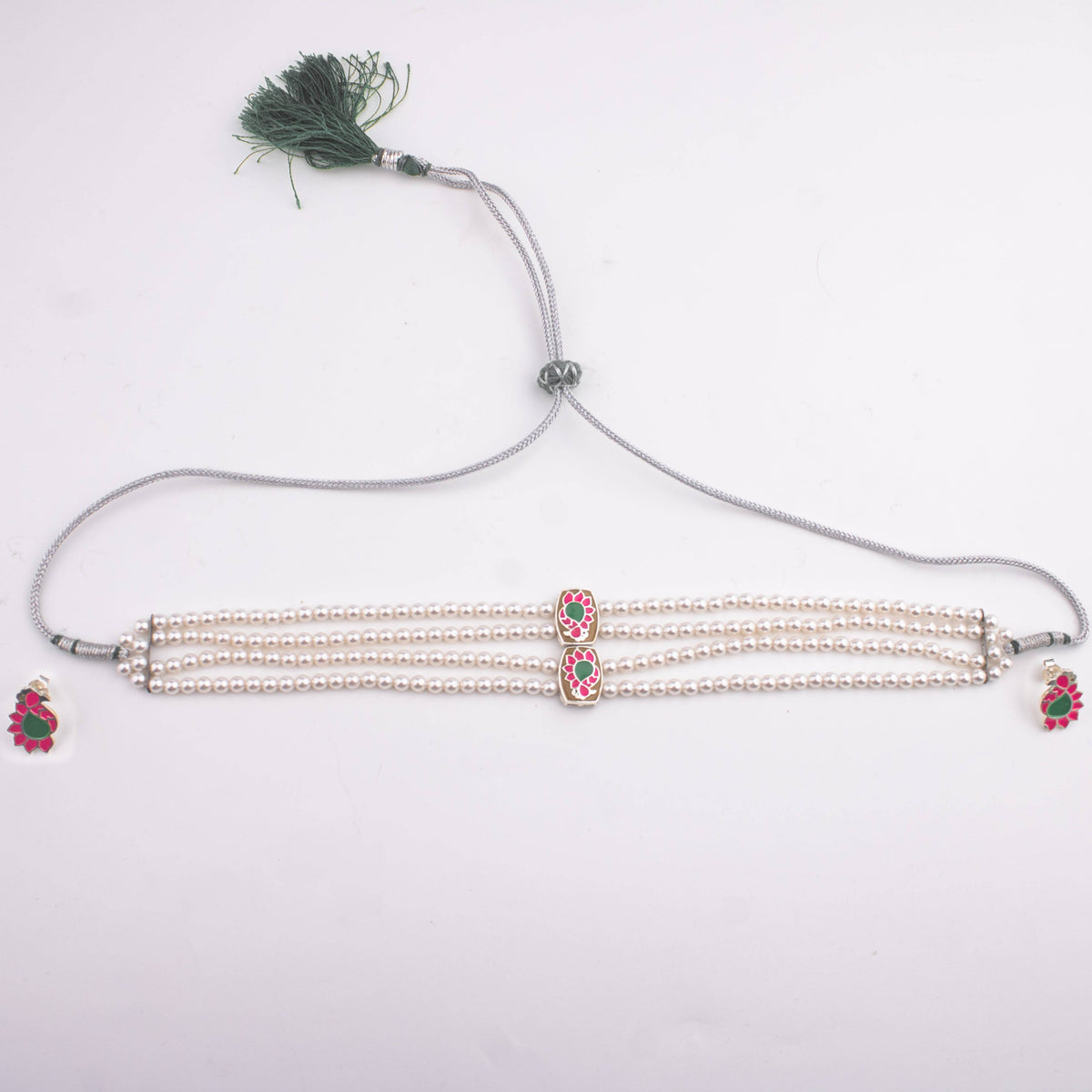 Pearl Meena Pendant Choker Set with Pink and Green Details