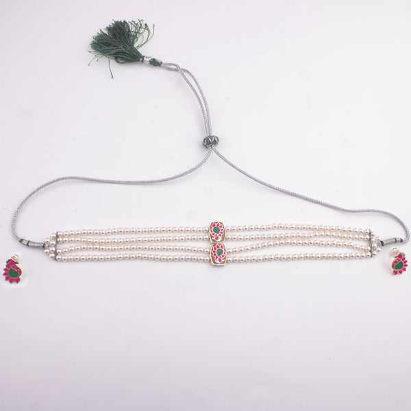 Pearl Meena Pendant Choker Set with Pink and Green Details