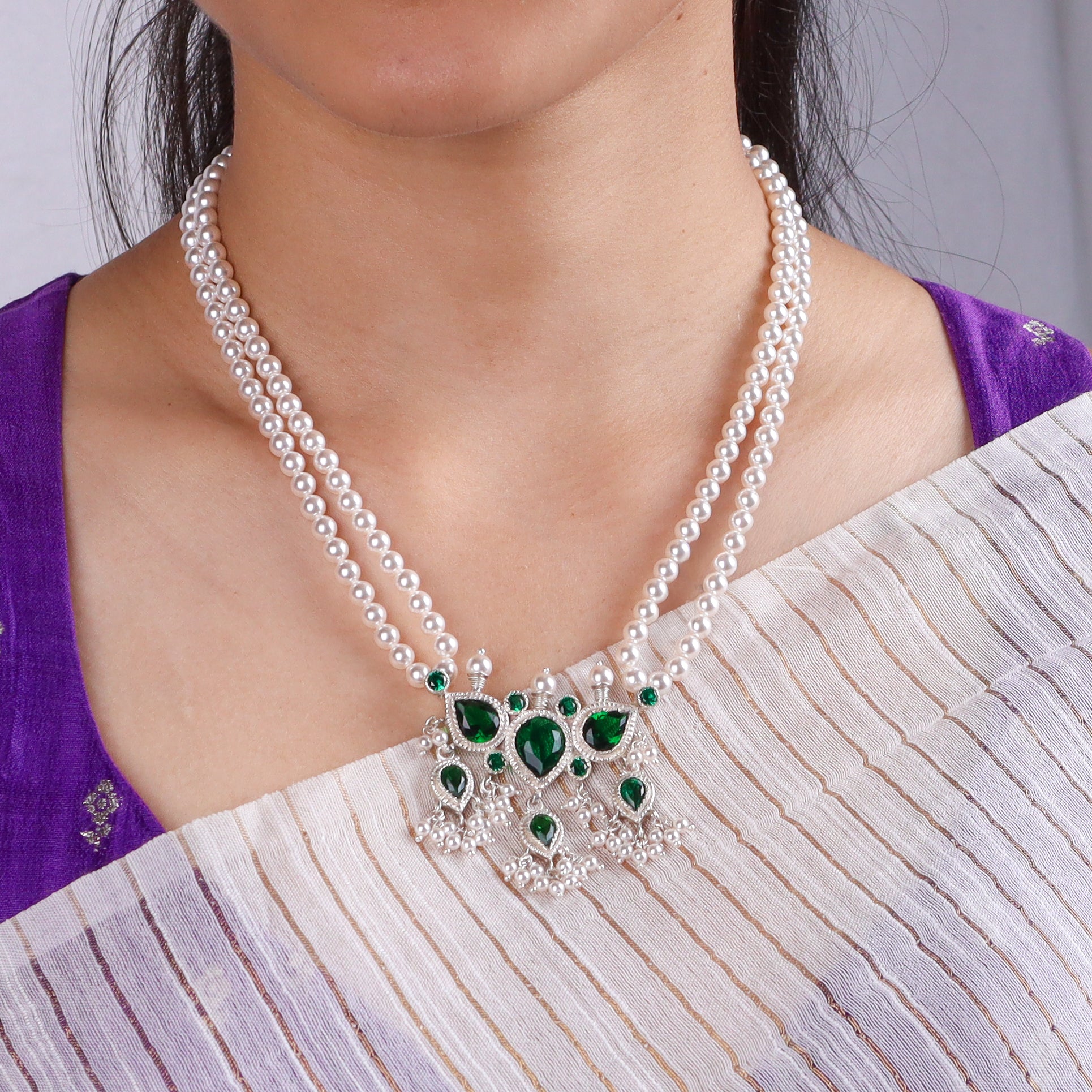 Silver Green CZ Tanmani Set with Pearls