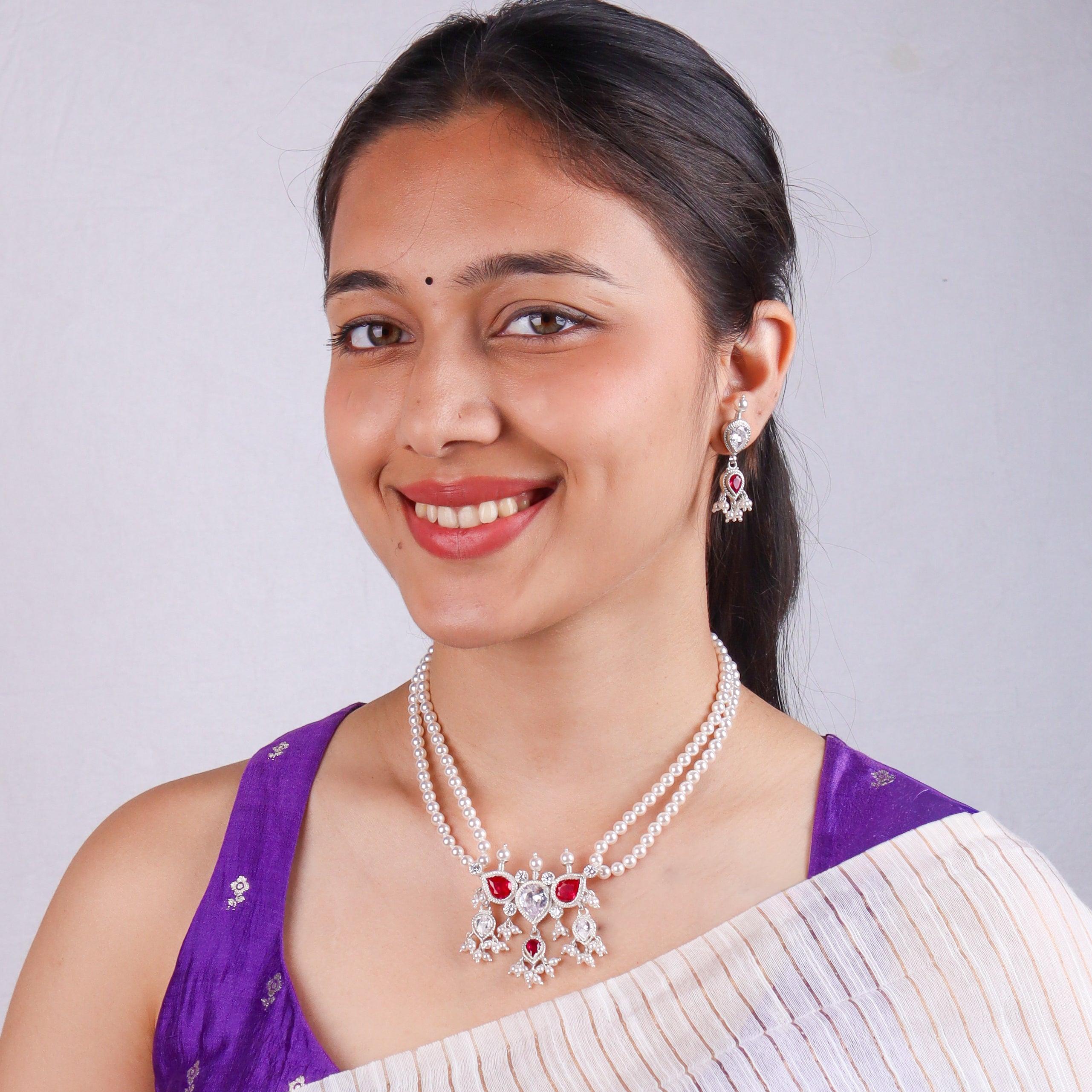 Silver Pink & White CZ Tanmani Set with Pearls