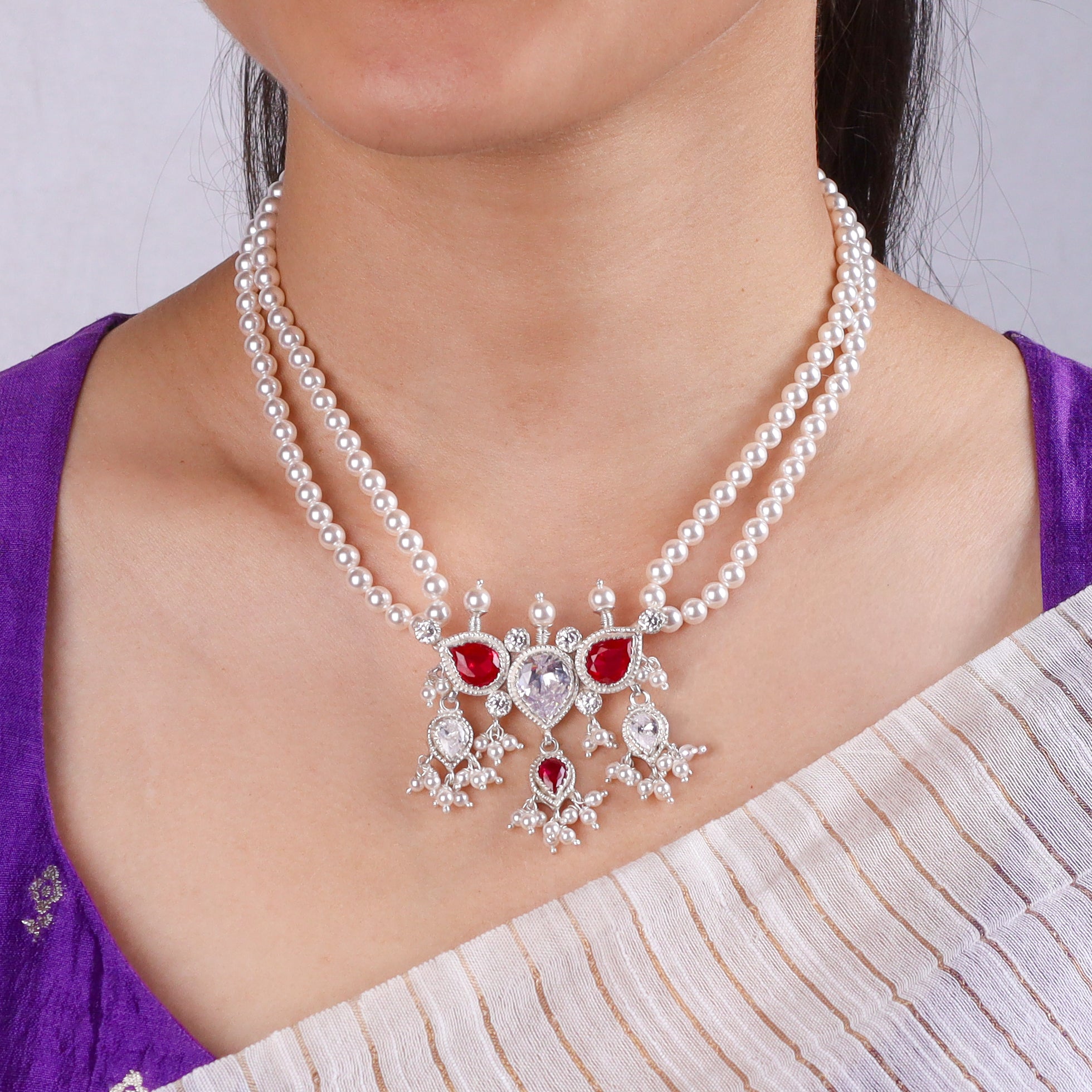 Silver Pink & White CZ Tanmani Set with Pearls