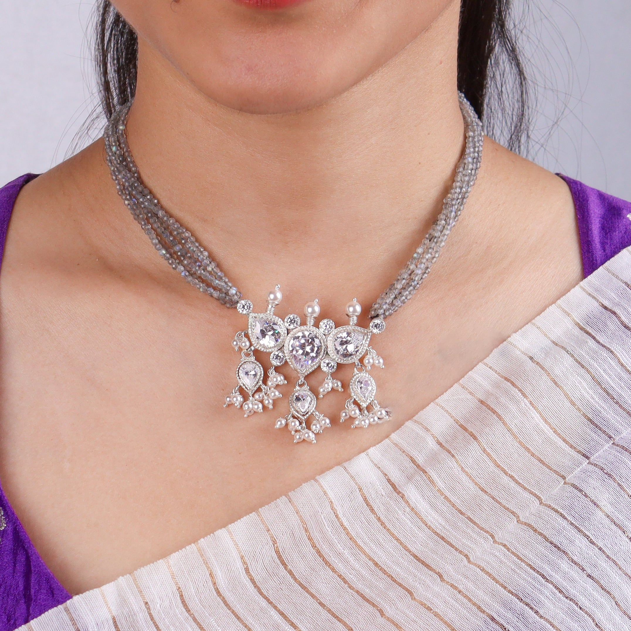 Silver CZ Tanmani Set with Labradorite