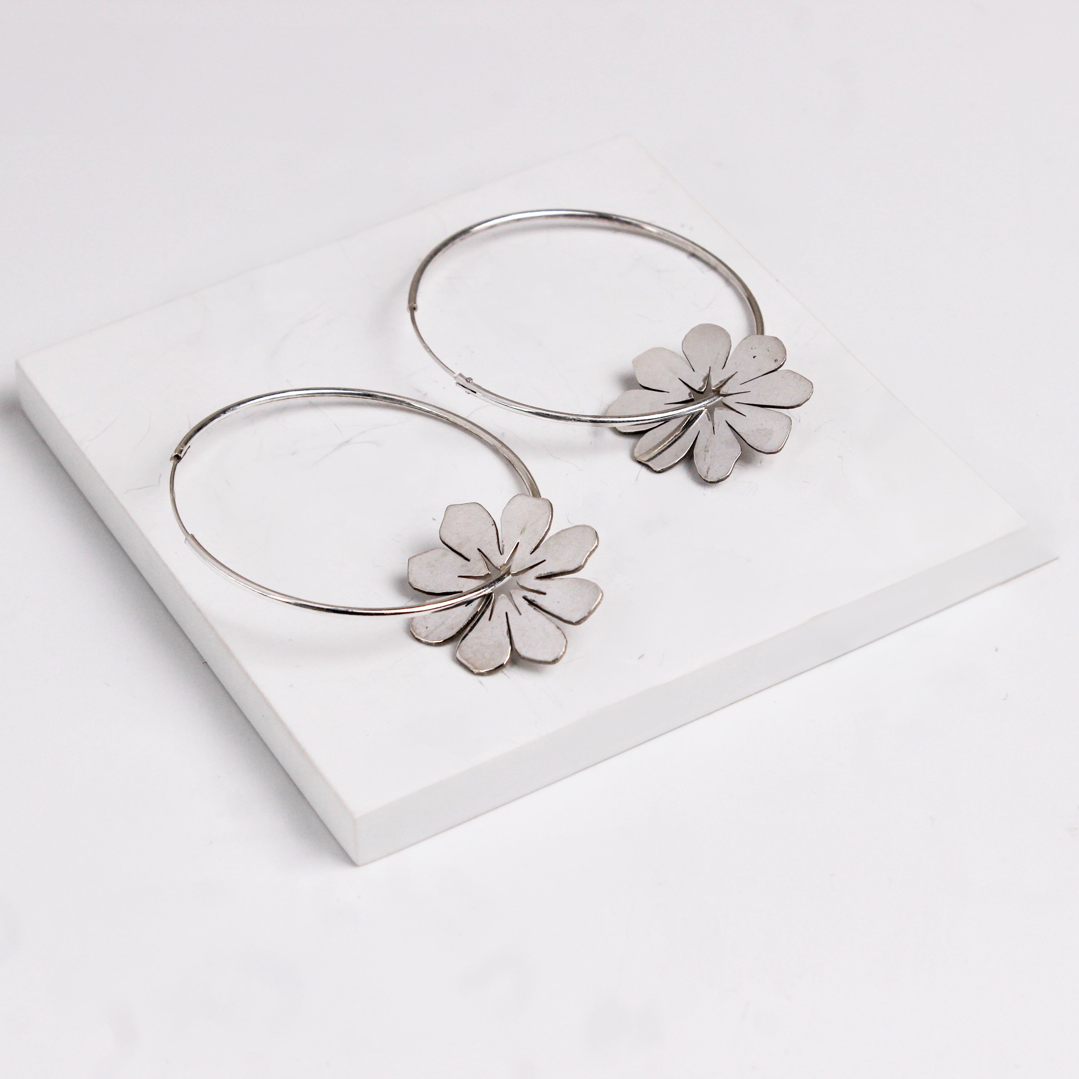 Silver Cosmos Flower Hoops