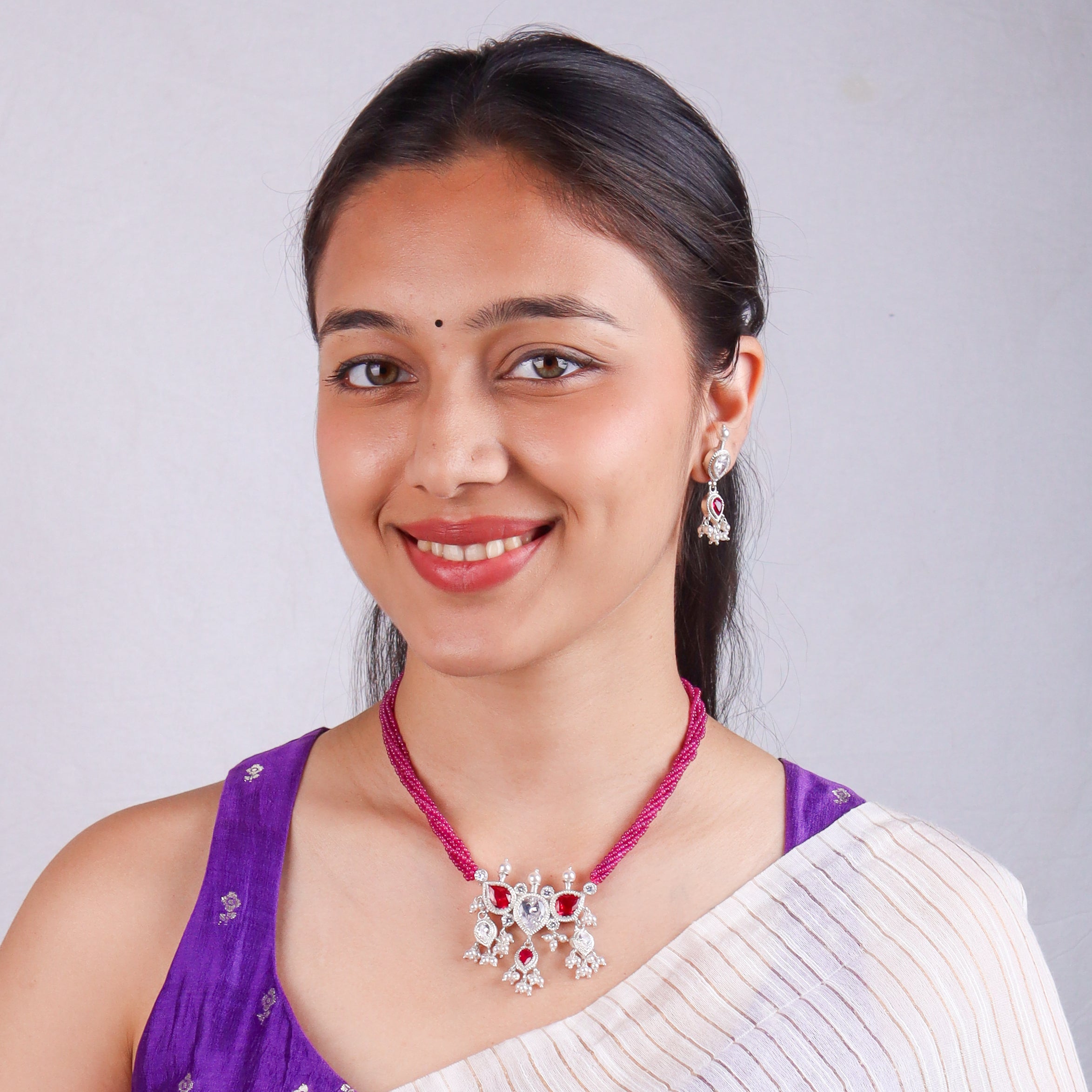 Silver CZ Tanmani Set with Rubies