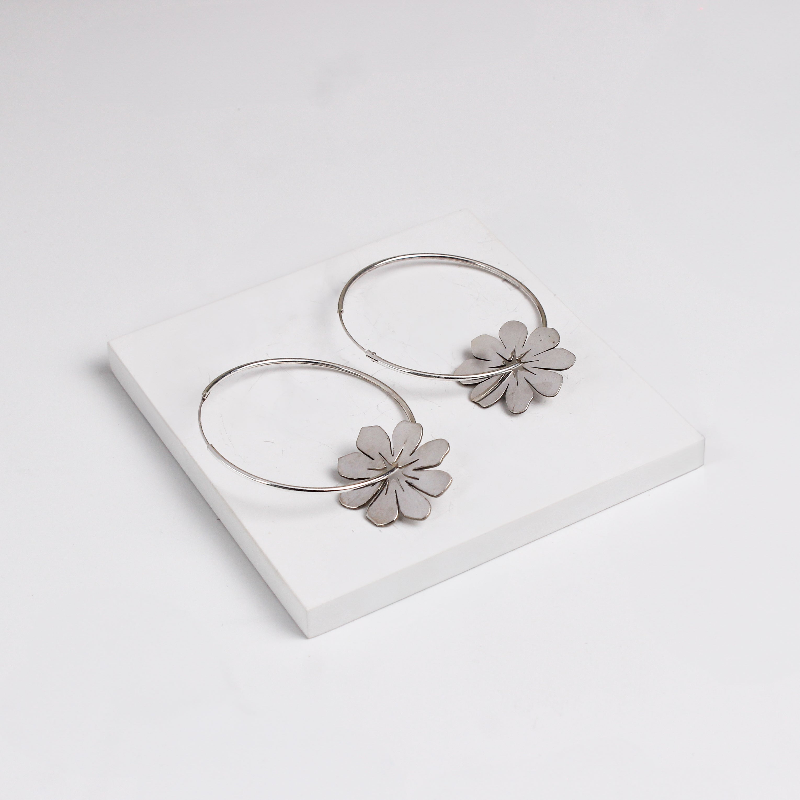 Silver Cosmos Flower Hoops