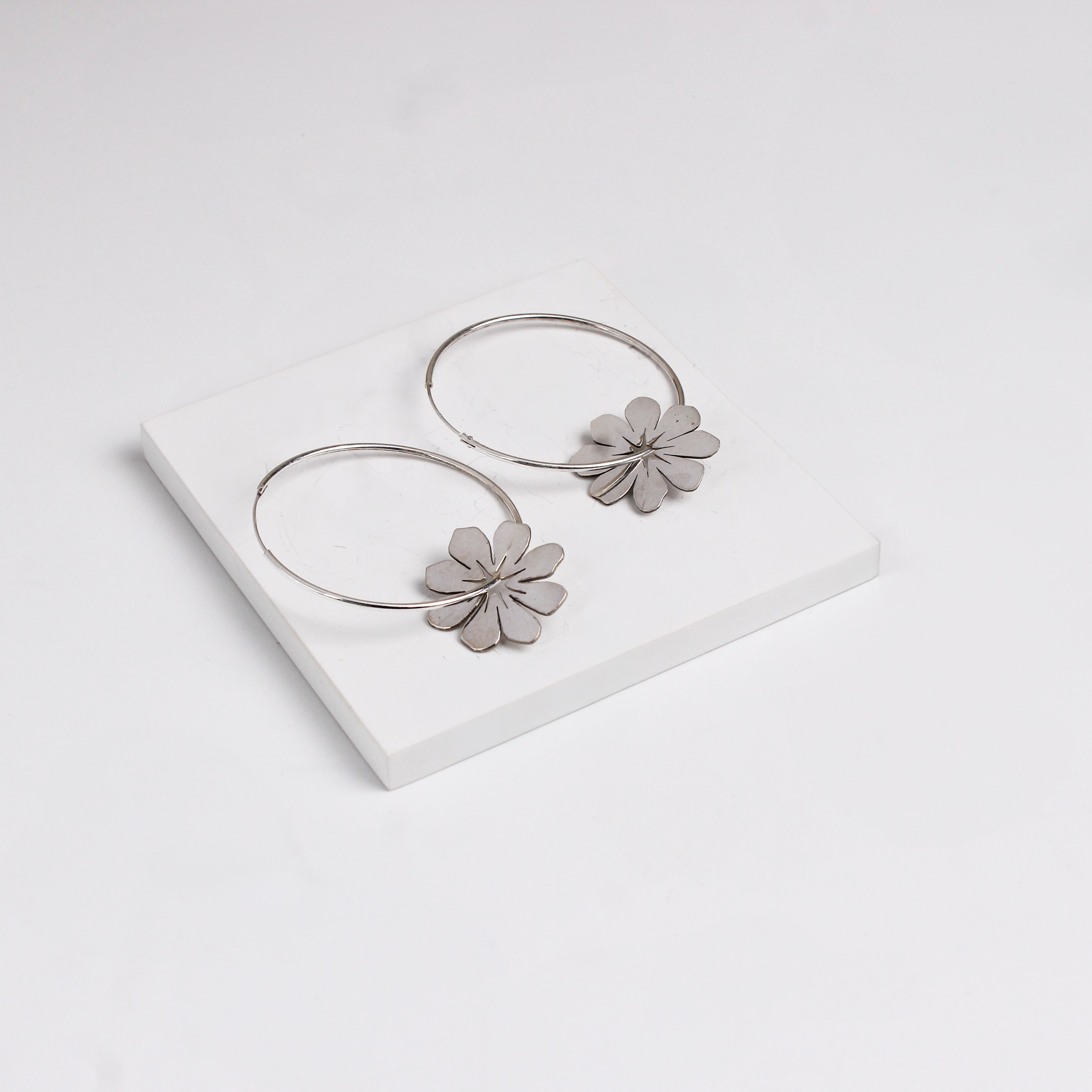 Silver Cosmos Flower Hoops