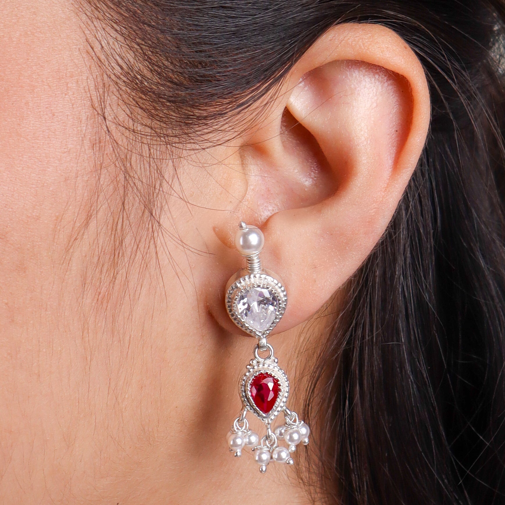 Silver CZ Tanmani Set with Rubies