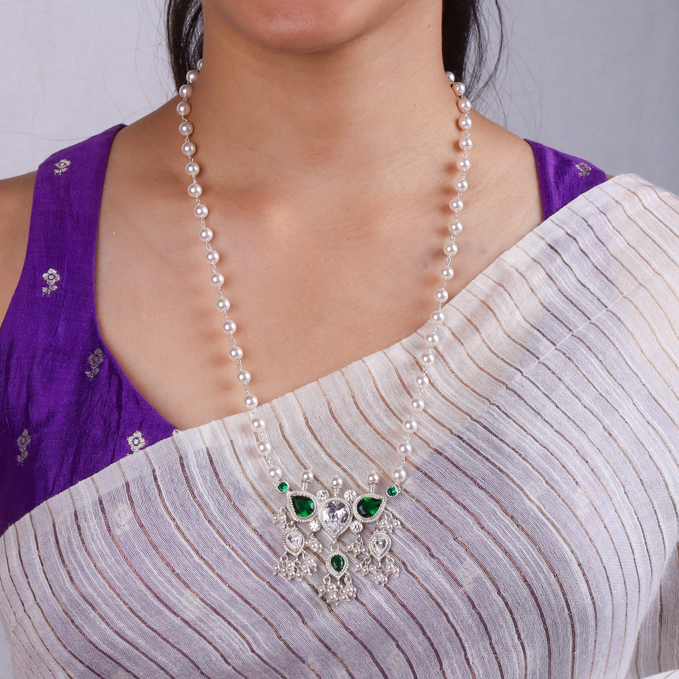 Silver Green & White CZ Tanmani Set with Pearl Ganthan
