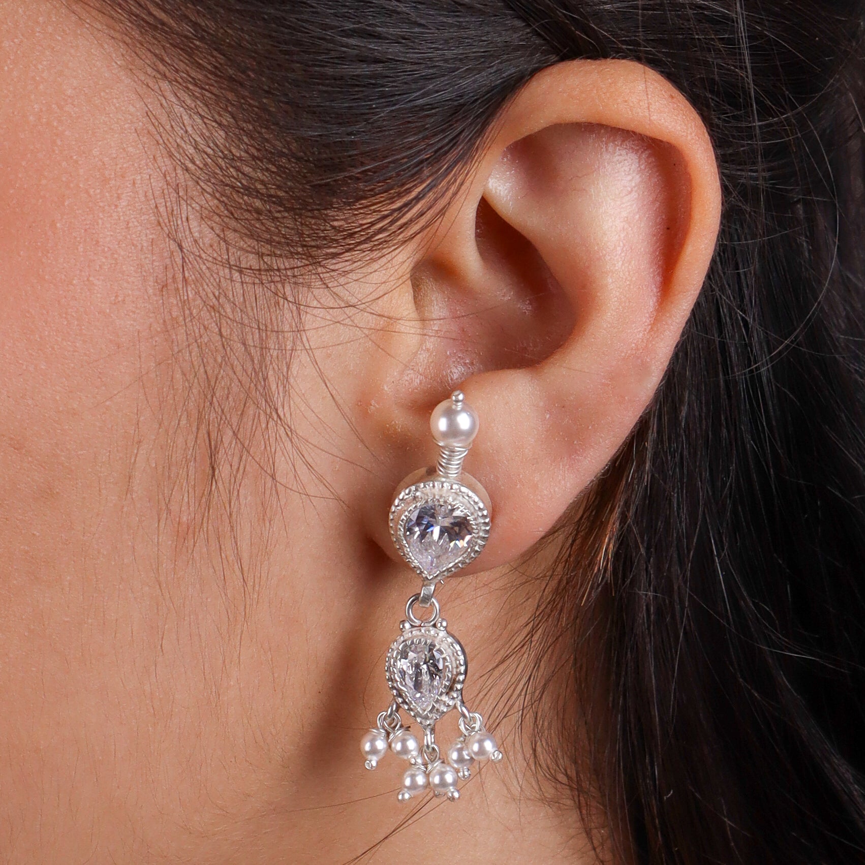 Silver White CZ Tanmani Set with Pearls