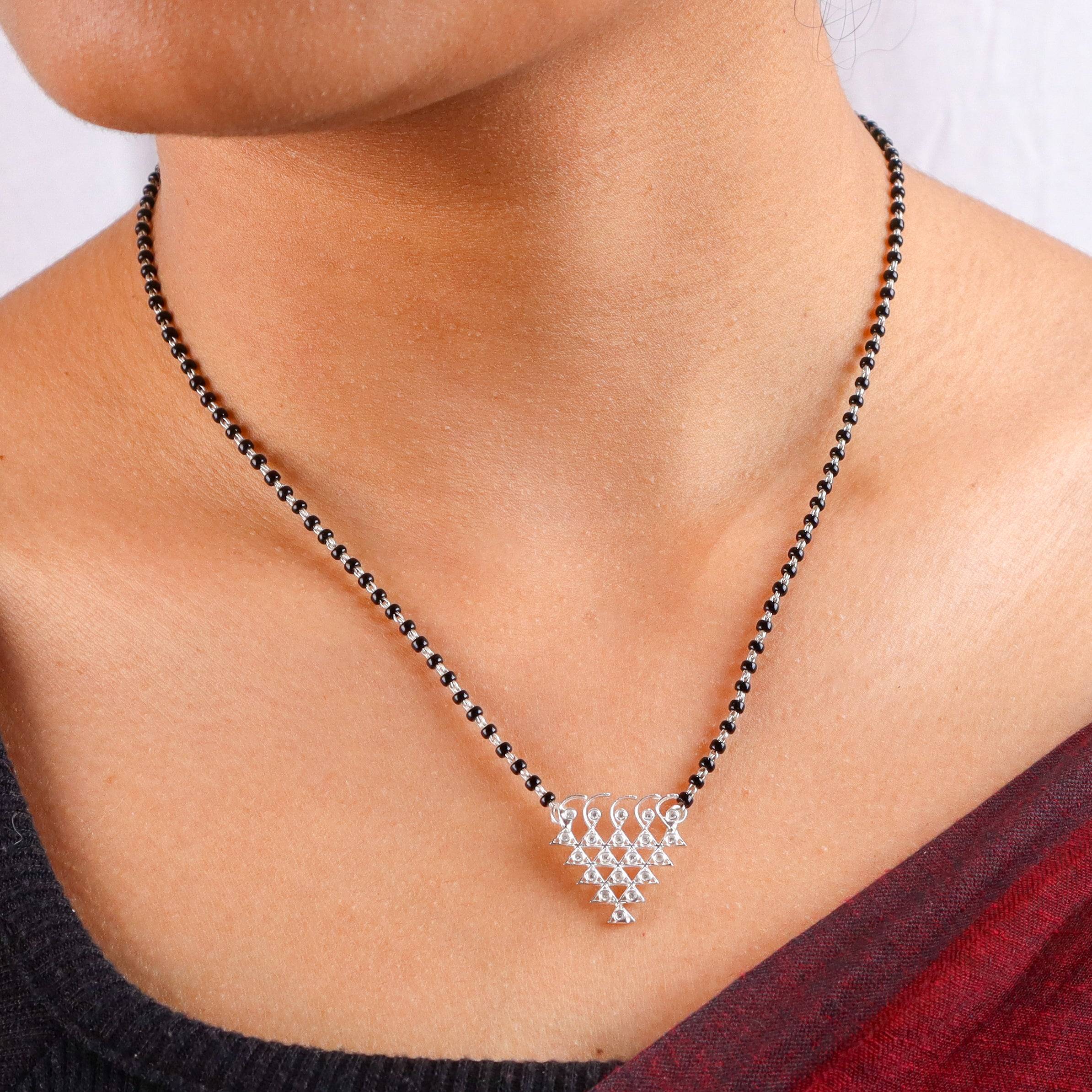 Close-up of Silver CZ Saraswati Mangalsutra with sparkling CZ detail