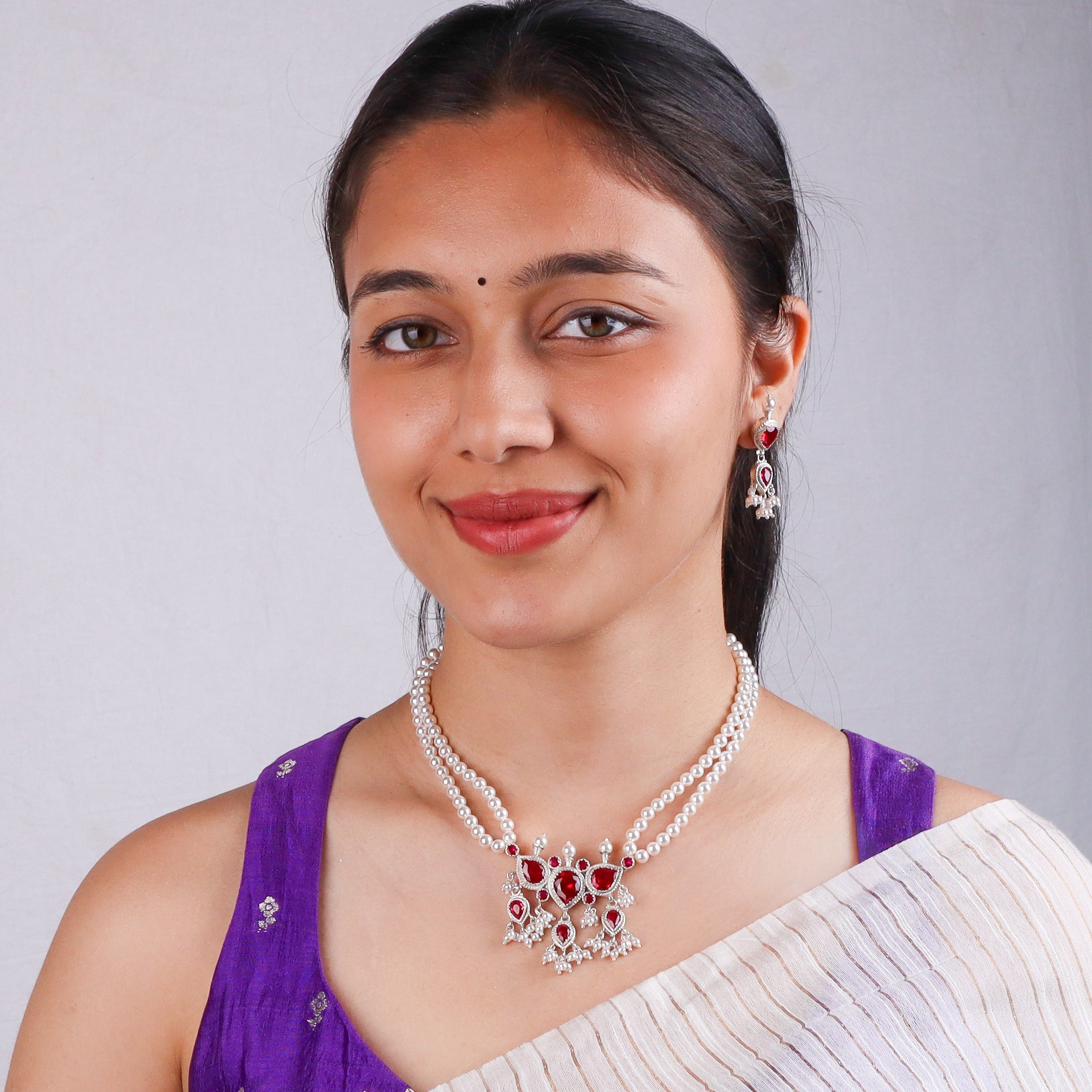 Silver Pink CZ Tanmani Set with Pearls