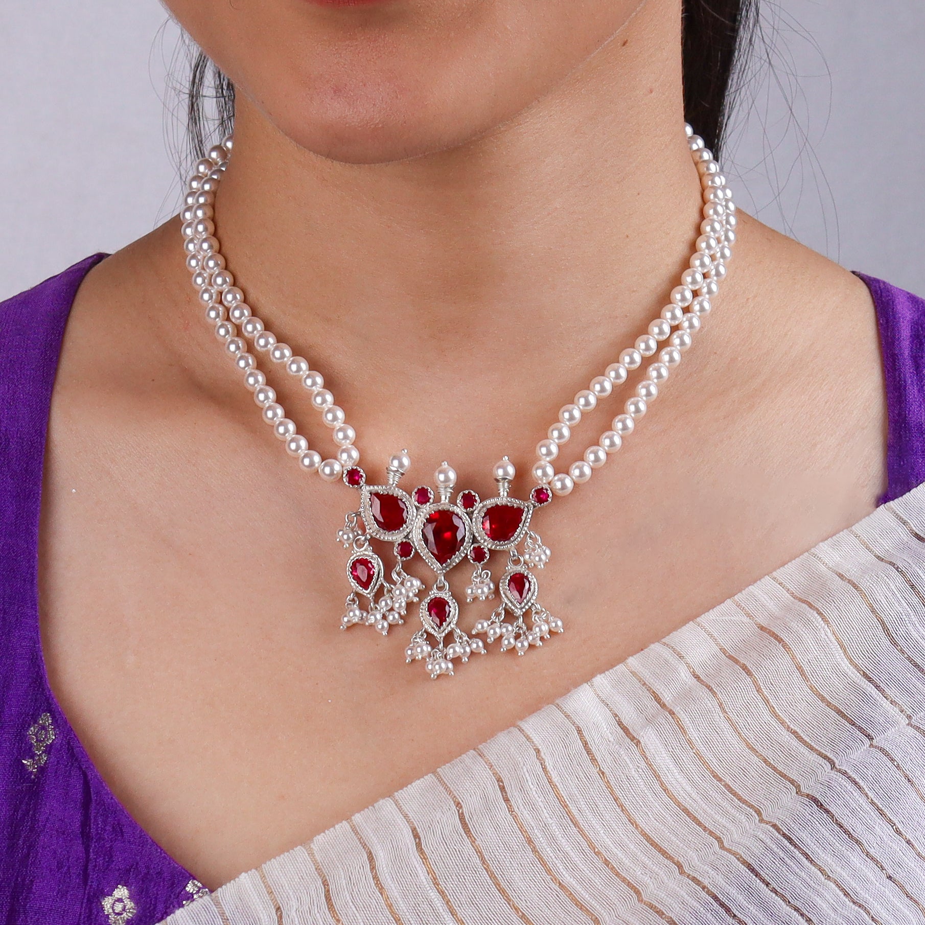 Silver Pink CZ Tanmani Set with Pearls