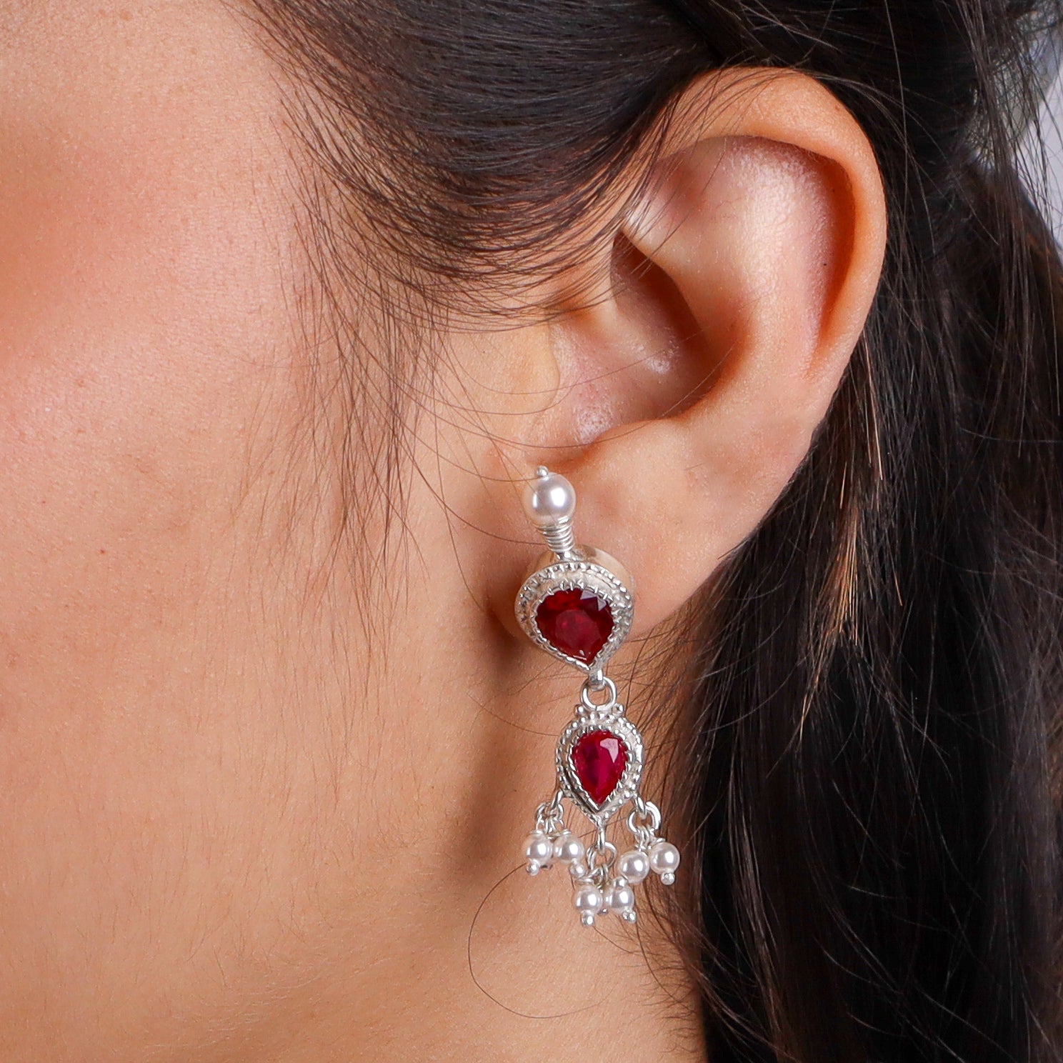 Silver Pink CZ Tanmani Set with Pearls