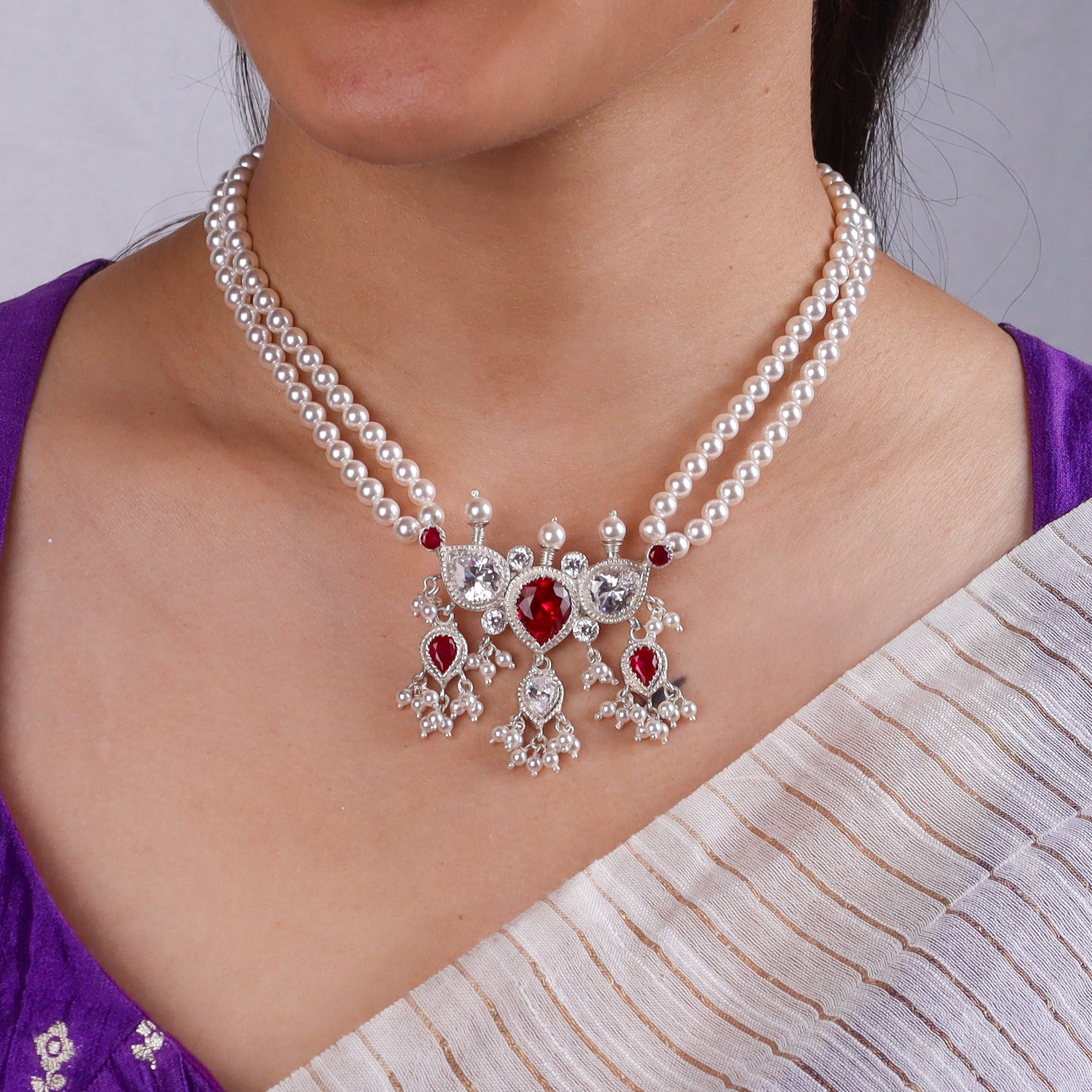 Silver Pink & White CZ Tanmani Set with Pearls