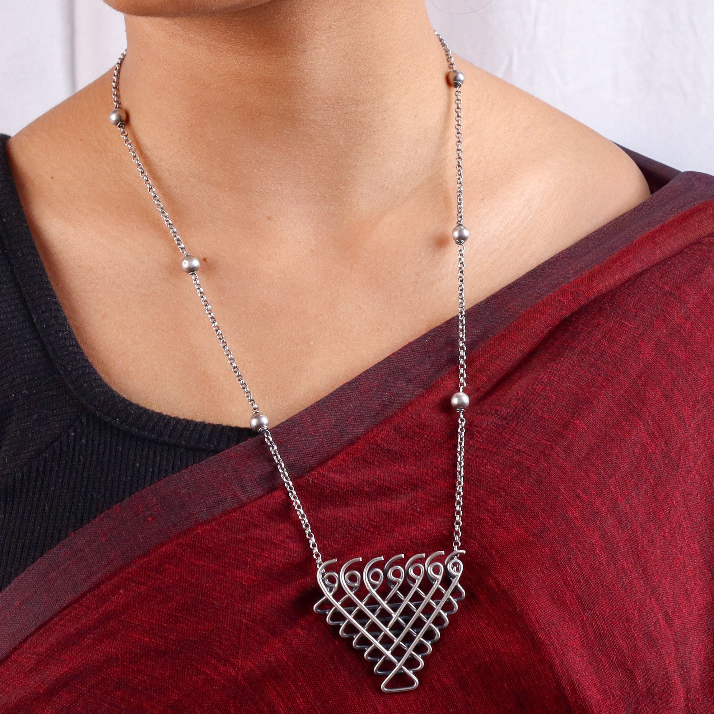 Silver Saraswati Necklace with Beads (Big)