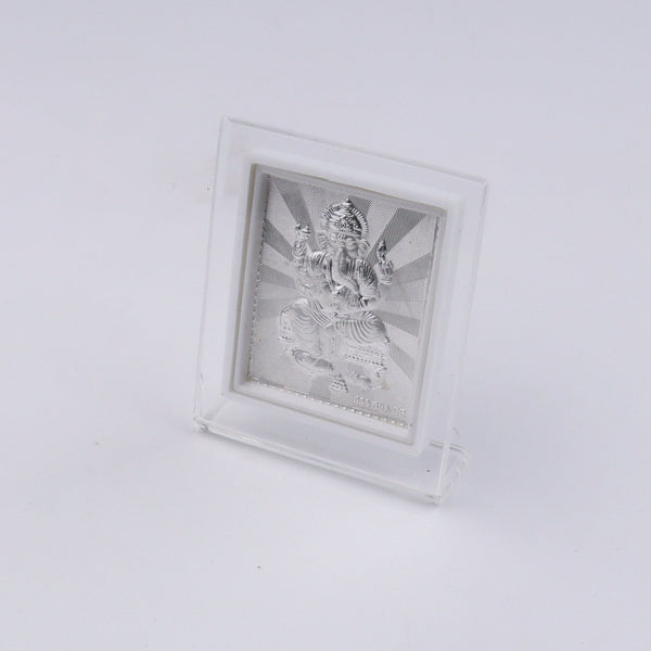 Back view of silver Ganapati idol in display stand