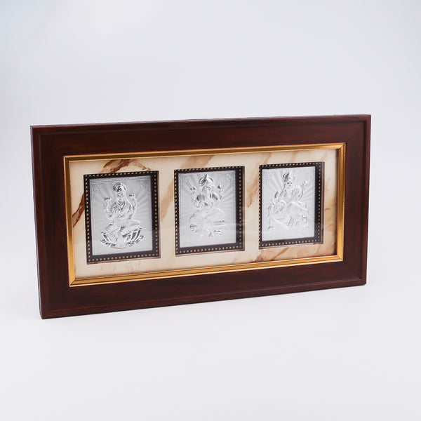 Wooden framed silver deity photo frame with three gods for home & garden decor