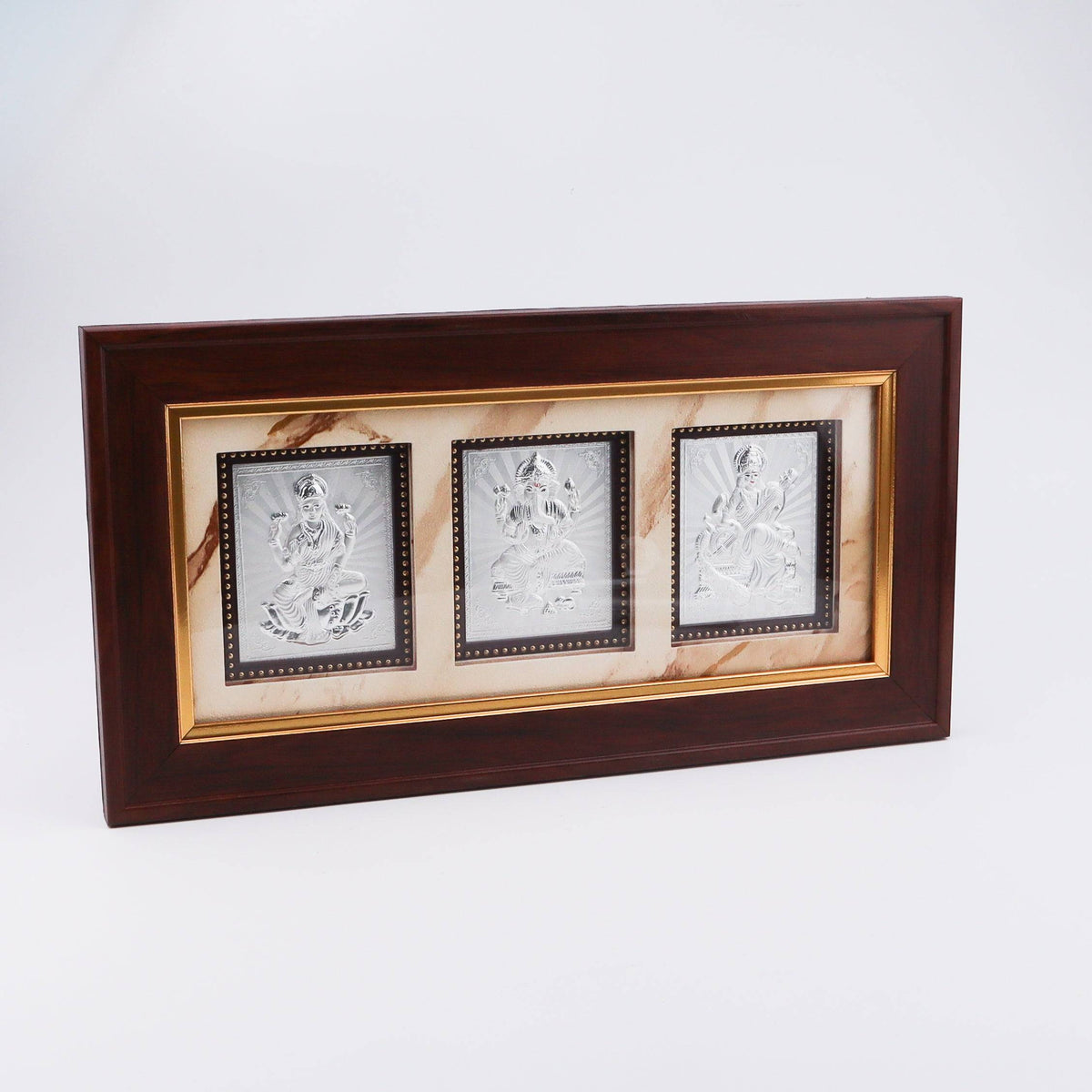 Wooden framed silver deity photo frame with three gods for home & garden decor