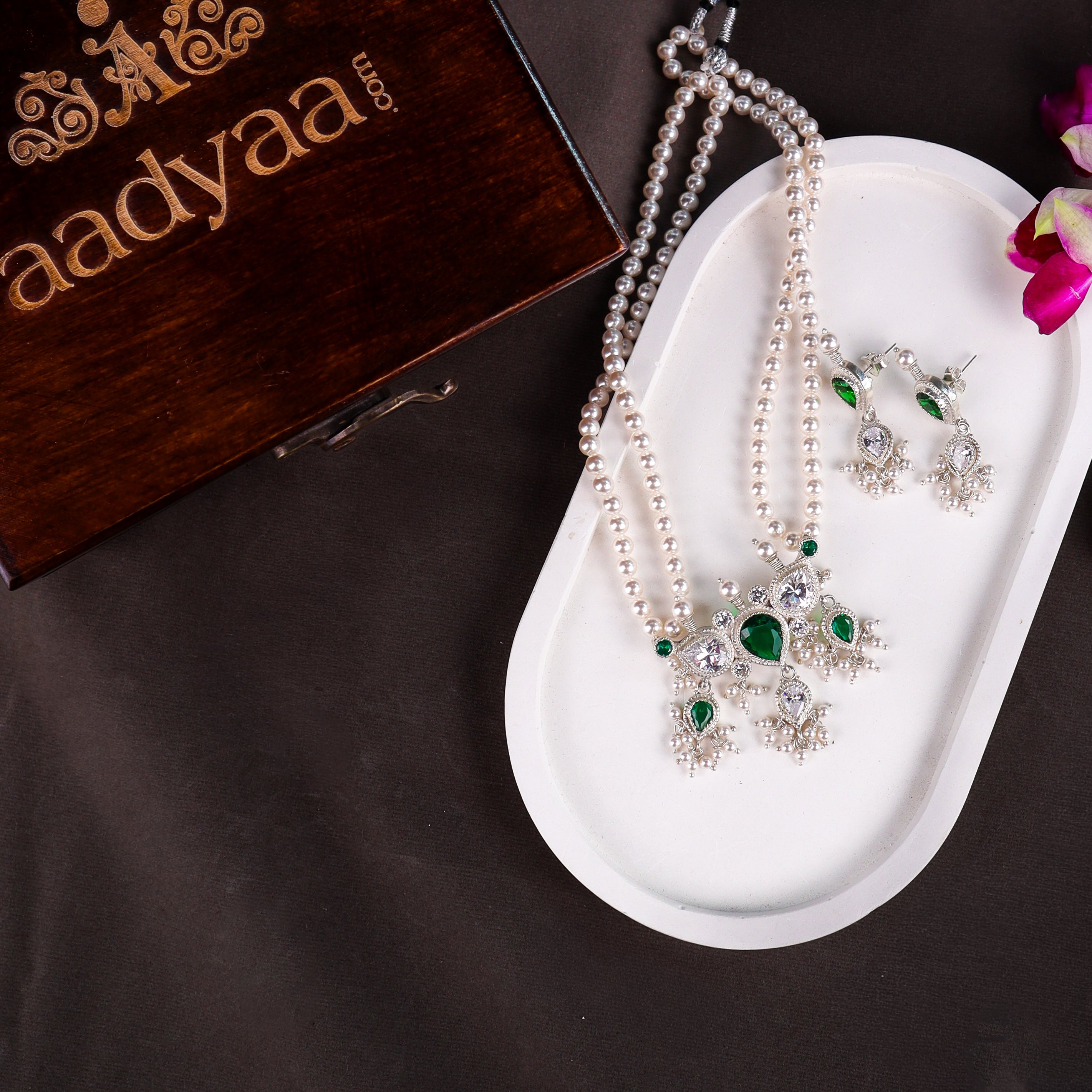 Silver Green & White CZ Tanmani Set with Pearls