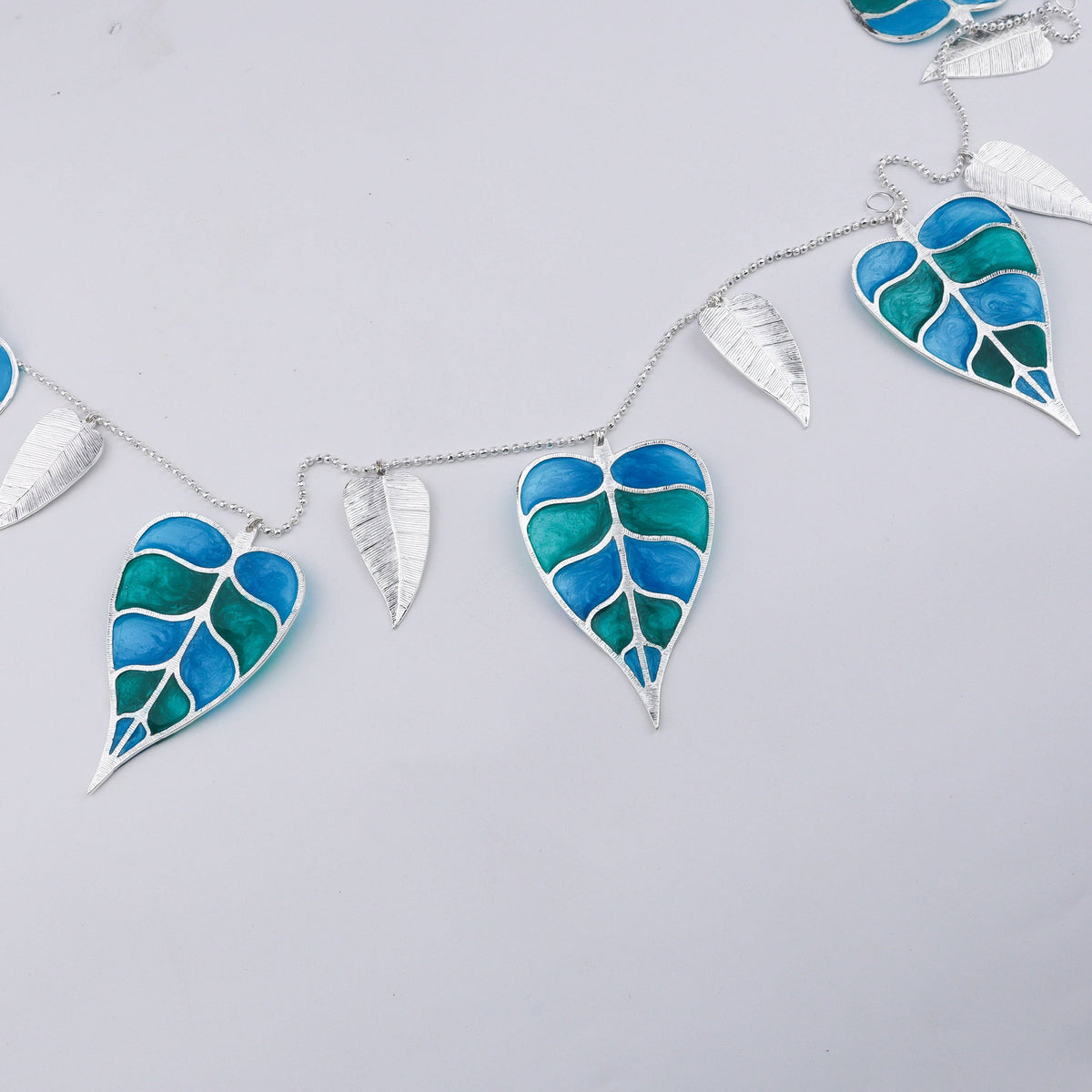 Blue Green Enamel Leaf Necklace