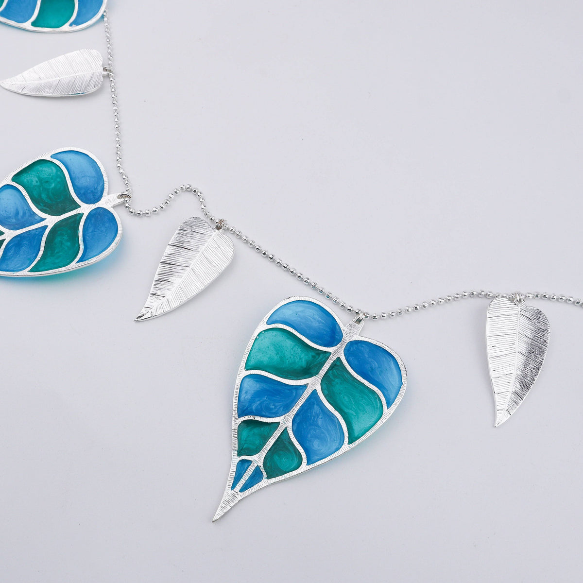 Blue Green Enamel Leaf Necklace close-up