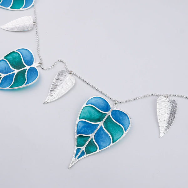 Blue Green Enamel Leaf Necklace close-up