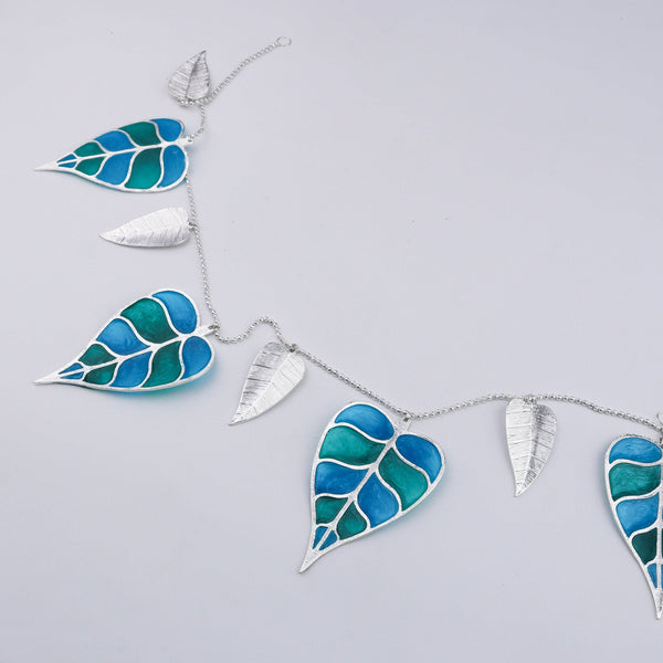 Blue Green Enamel Leaf Jewelry Set