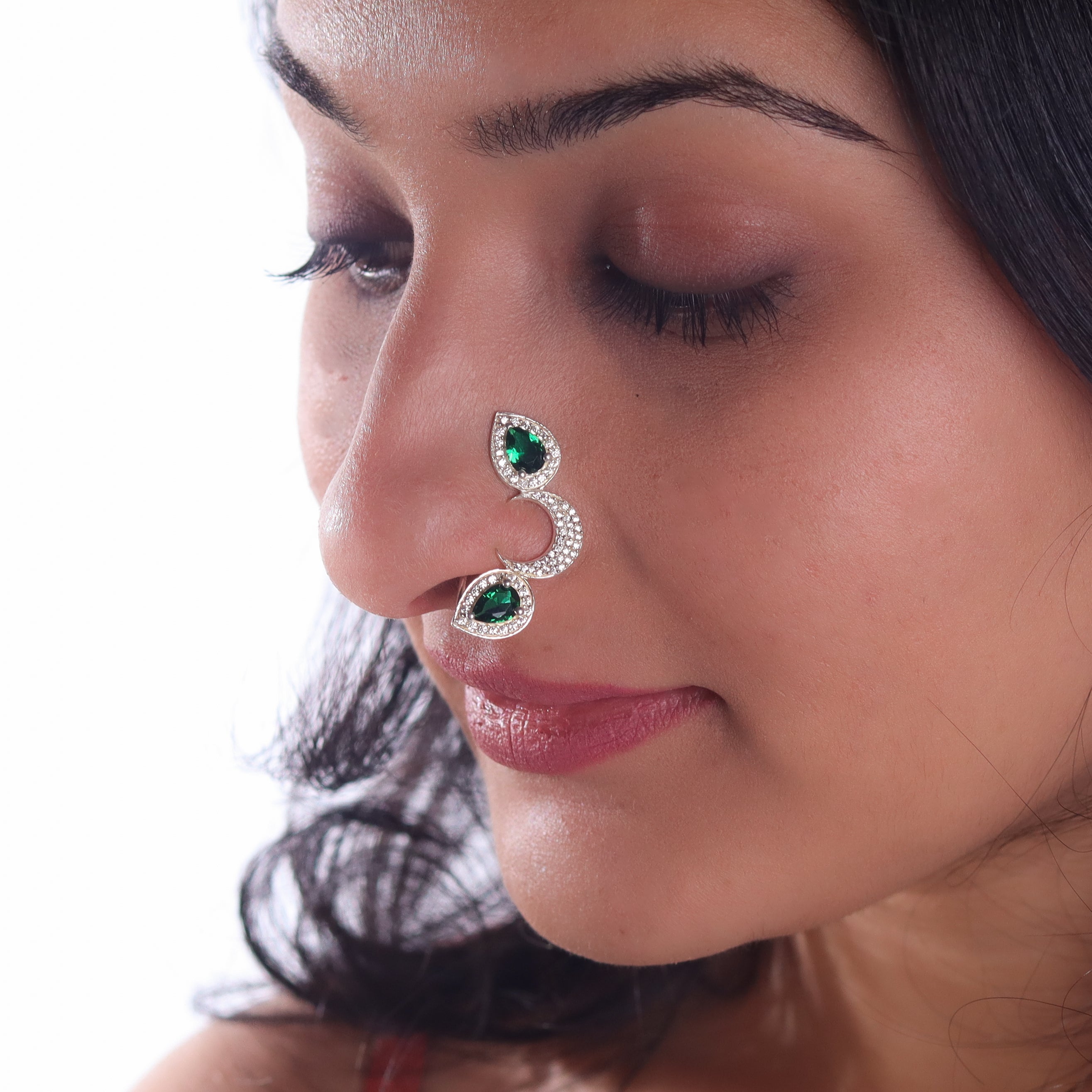 Silver chandrakor green drop nath with cz stones Clipon (big)