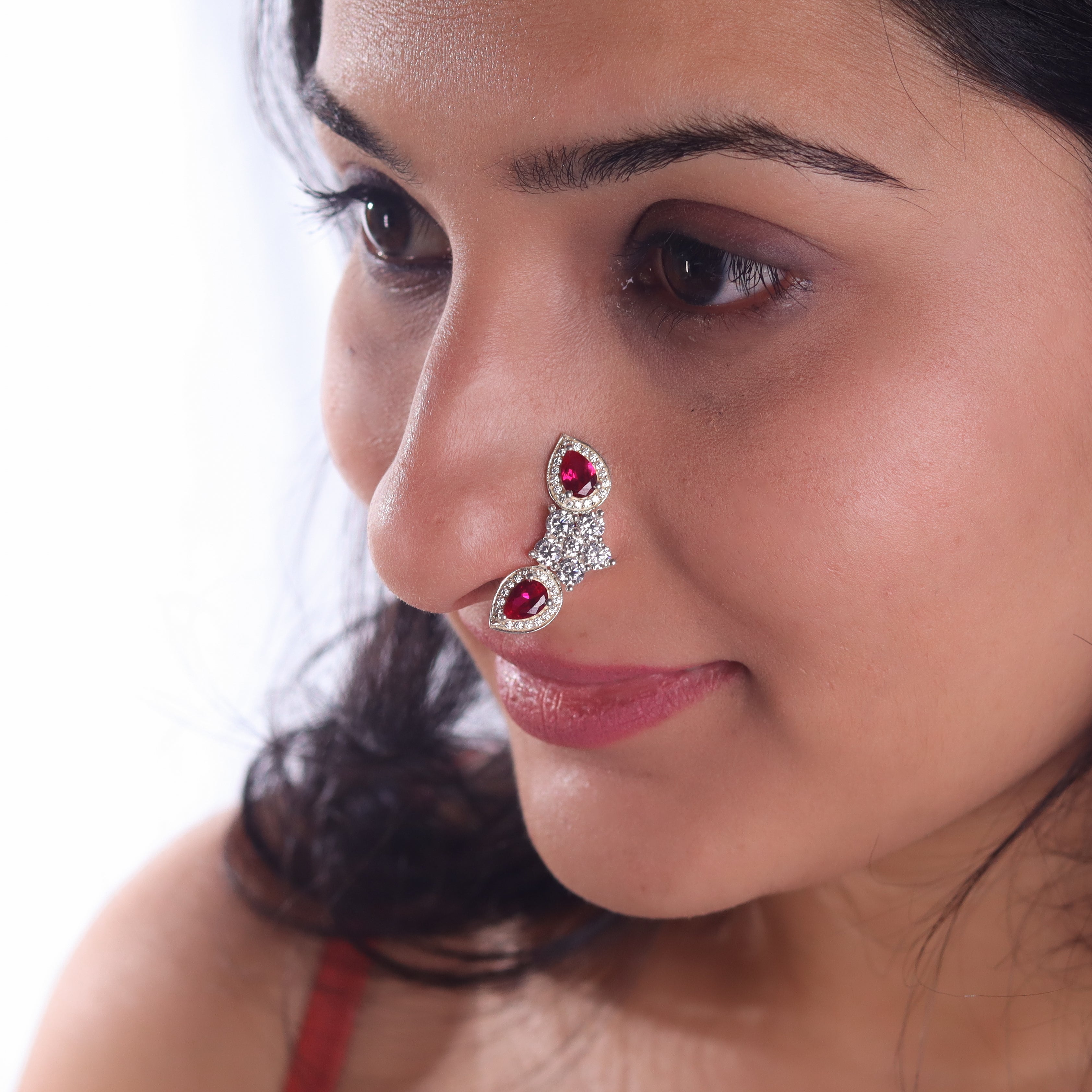 Silver flower pink drop nath with cz stones clipon (Big)