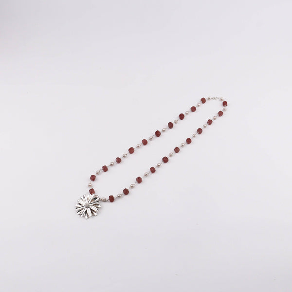 Model wearing Silver Soorajmukhi Pendant Pink Strawberry Cubes