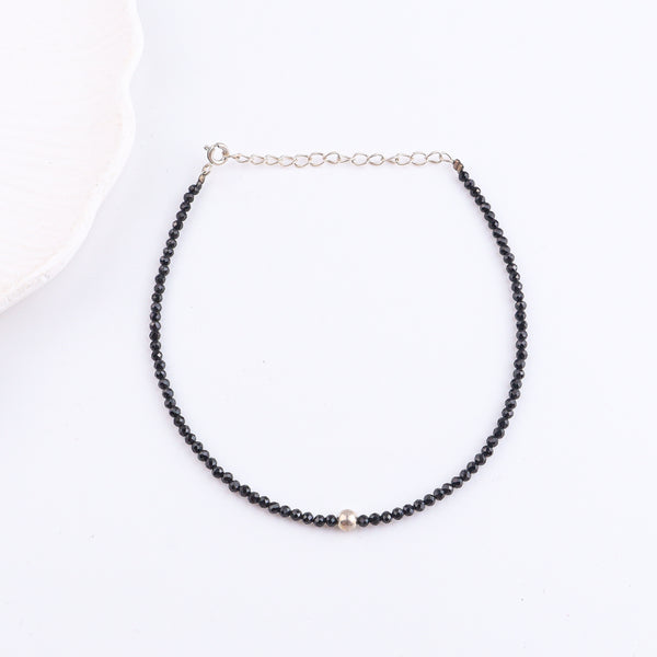 Black Spinel & Silver Beads Anklet