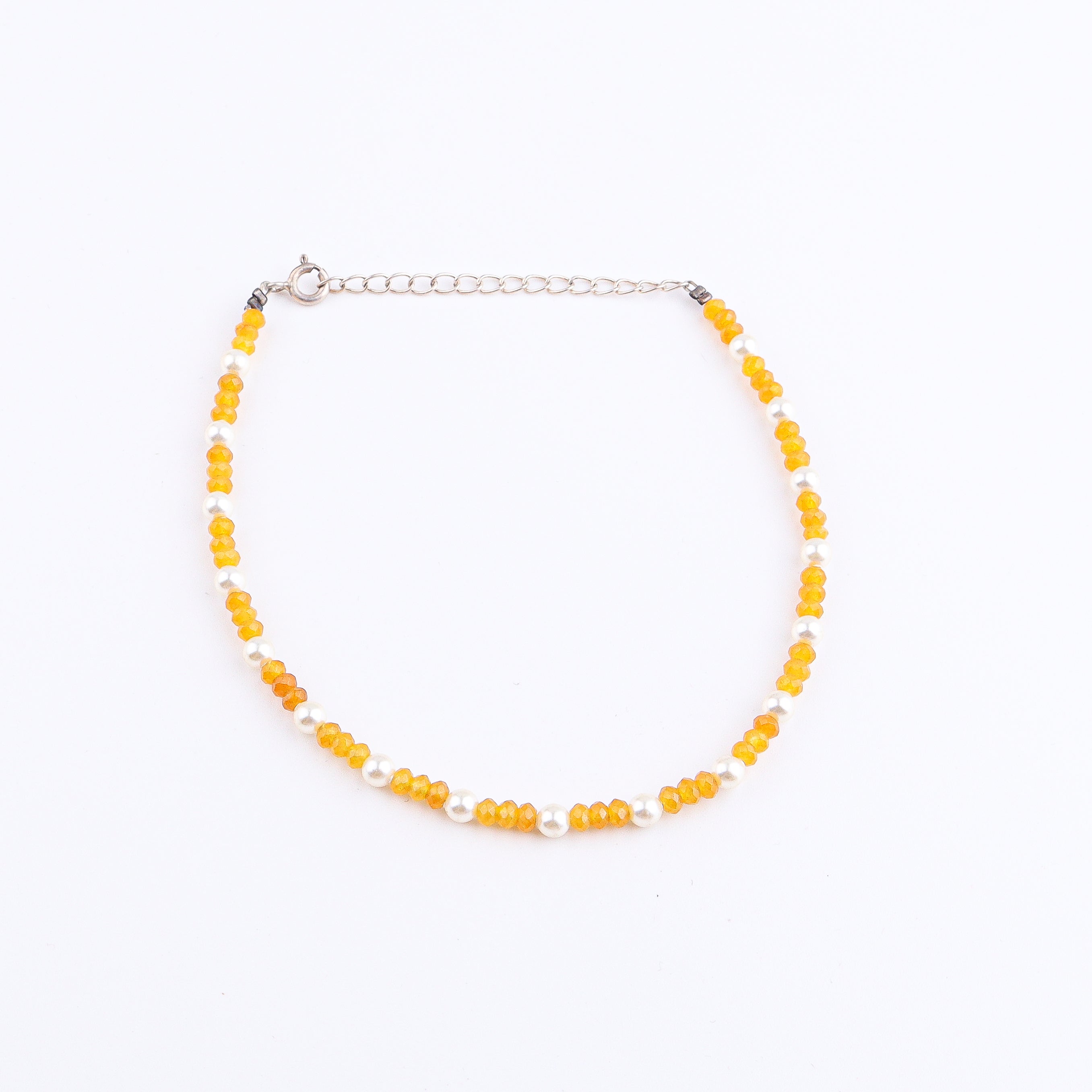 Yellow Jade & Pearl Anklet | 92.5 Sterling Silver