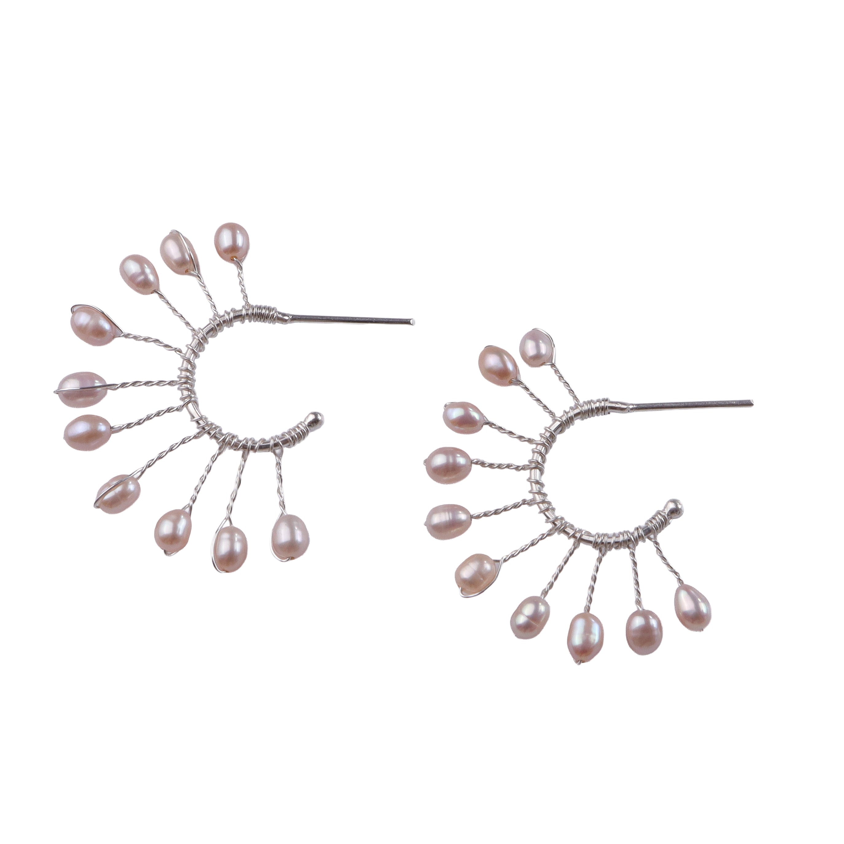 Rice Pearl Snowflake Hoops (Project Handmade) front view in 92.5 sterling silver with delicate pearl detailing