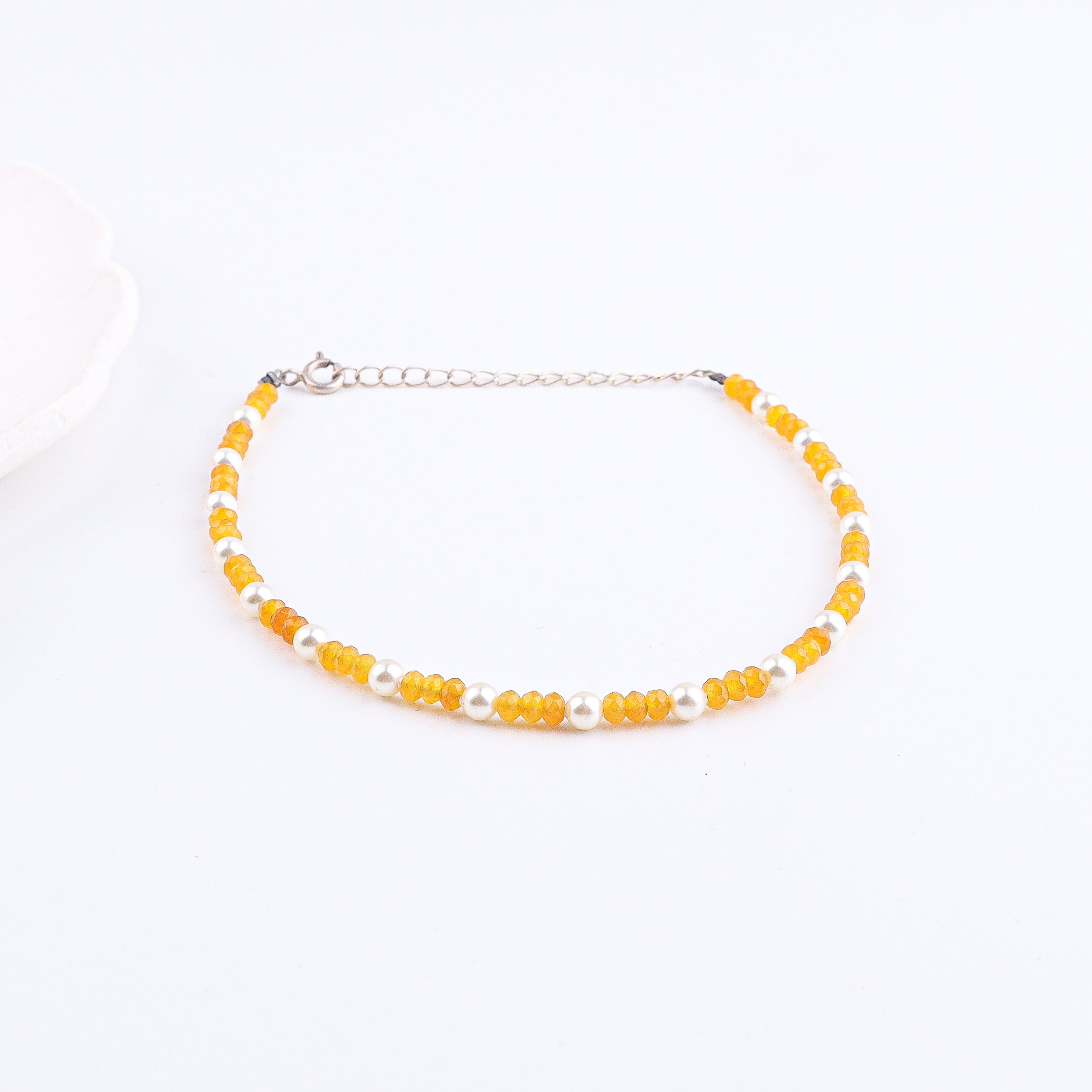Yellow Jade & Pearl Anklet | 92.5 Sterling Silver