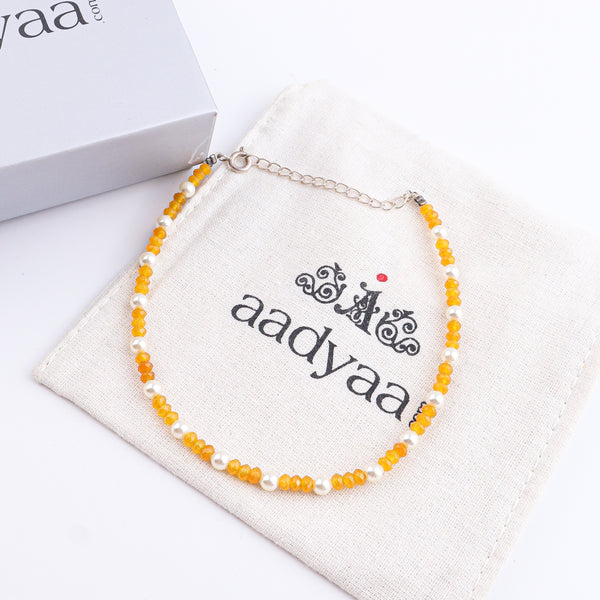 Yellow Jade & Pearl Anklet | 92.5 Sterling Silver